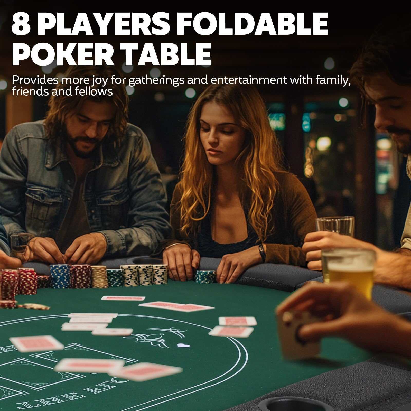 Poker Table Foldable, 72 Inch 8 Player Folding Poker Table, Portable Game Table with Cup Holders, Texas Holdem Poker Tables, Green