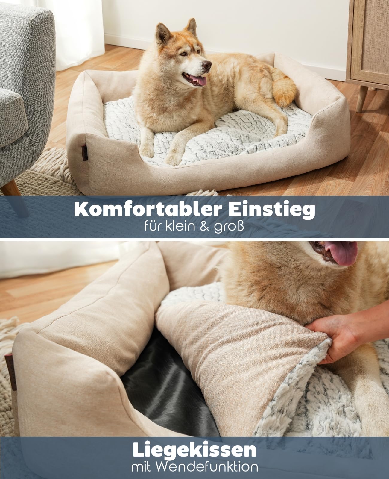 lionto Hundekörbchen mit Flauschigem Wendekissen, 110 x 80 cm, Beige | Robustes Haustierbett in meliertem Design mit tiefem Einstieg für Hunde & Katzen aller Größen, pflegeleichtes Material