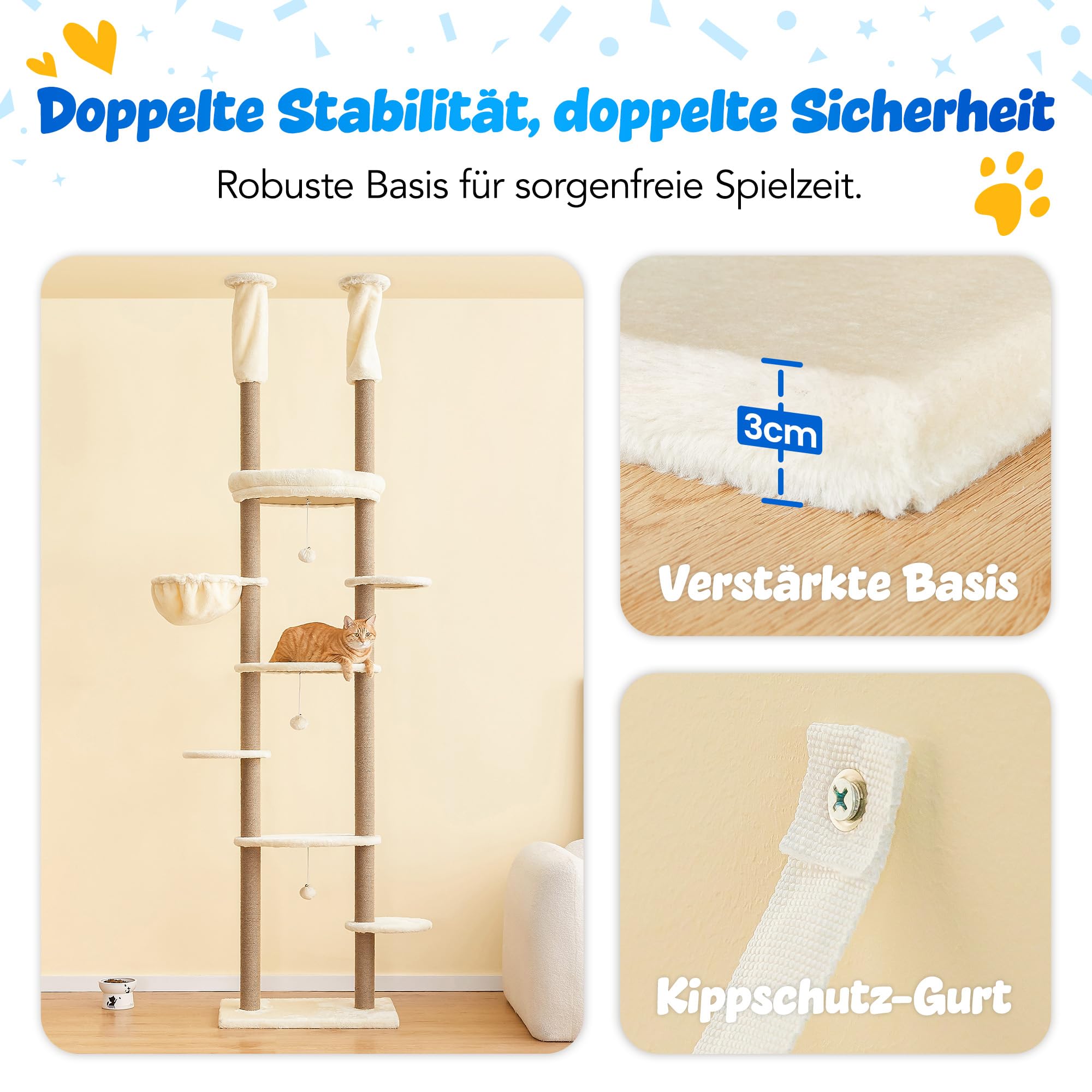 Deckenhoher Katzenbaum 234-259 cm höhenverstellbar, 2-Säulen-Design mit 12 sisalumwickelten Pfosten, mehrstöckig mit weichen Liegeflächen, Hängematte, Plattformen & Spielball, Beige
