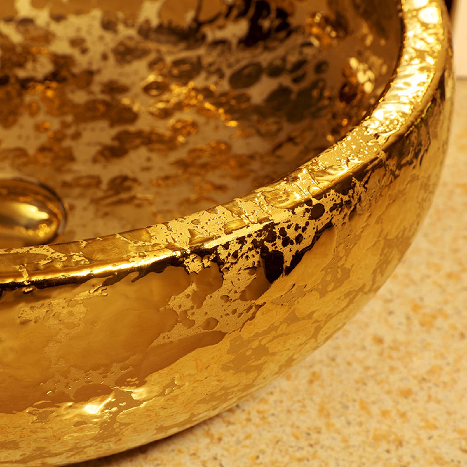 Gold Vessel Waschbecken Schüssel Luxus Gold glasierte Keramik Waschtischplatte Waschbecken für Toilette Badezimmer Bar Durchmesser 41 cm Größe