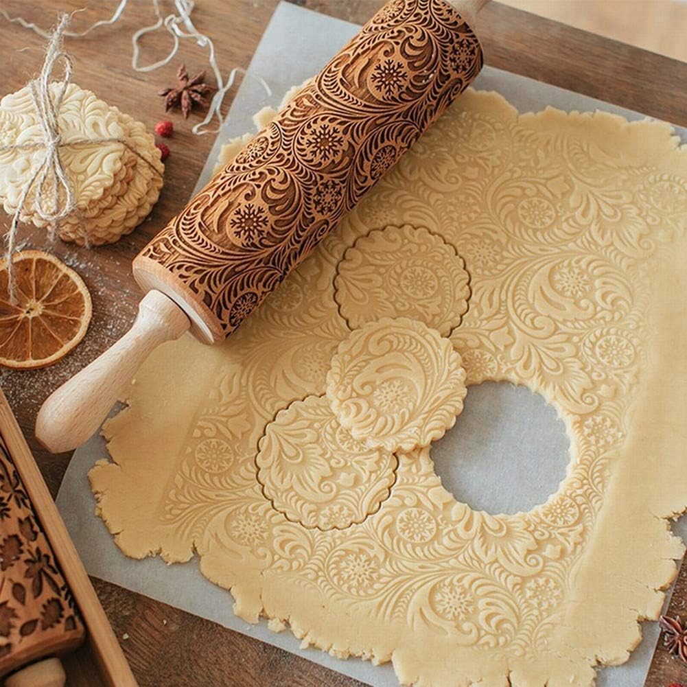 Snowflake Rattan Rolling Pin Wooden Rolling Pin - Christmas Wooden Rolling Pin with Flower Embossing for Baking Embossed Cookies (43x5cm/16x1.9inches)