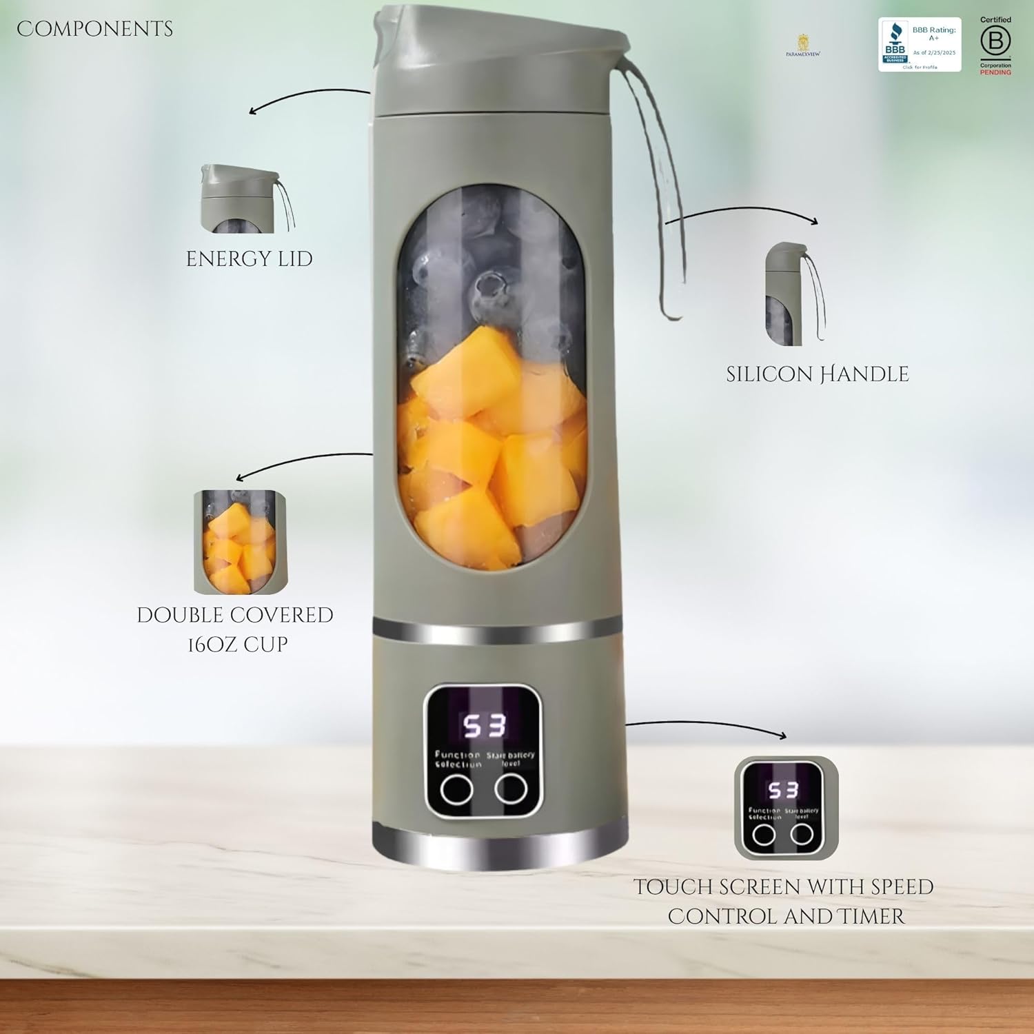 Paramexview® Portable Blender 16oz/500ml for Juices & Smoothies with 12 Stainless Steel Blades | USB Rechargable & 3 Levels Multi-Speed Control | 50W Powered fusion Portable Blender