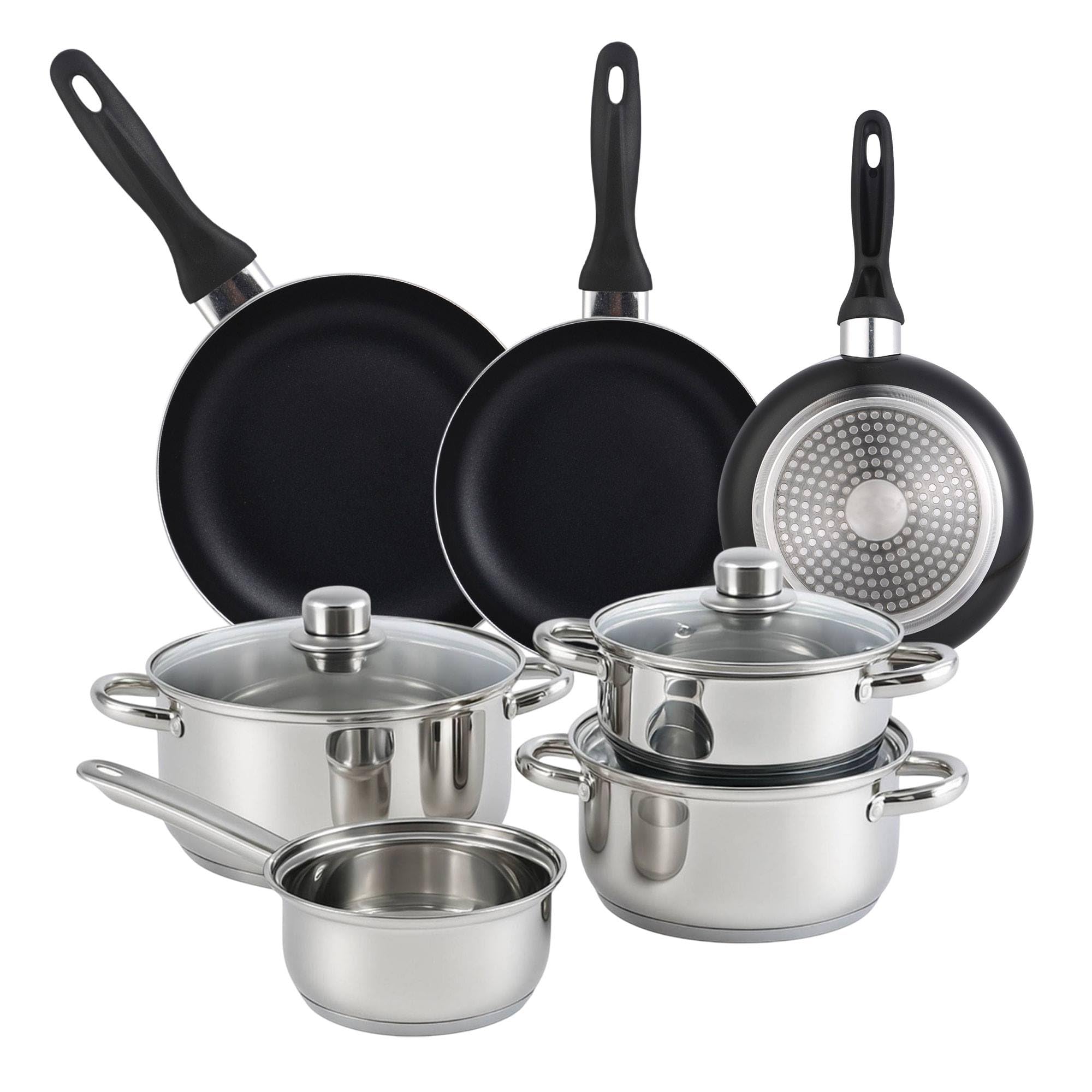 Bistro Series Set de Batería de cocina de 7pc en acero inoxidable + 3 Sartenes Ø16Ø20Ø24cm Negro en aluminio prensado en oferta en Amazon