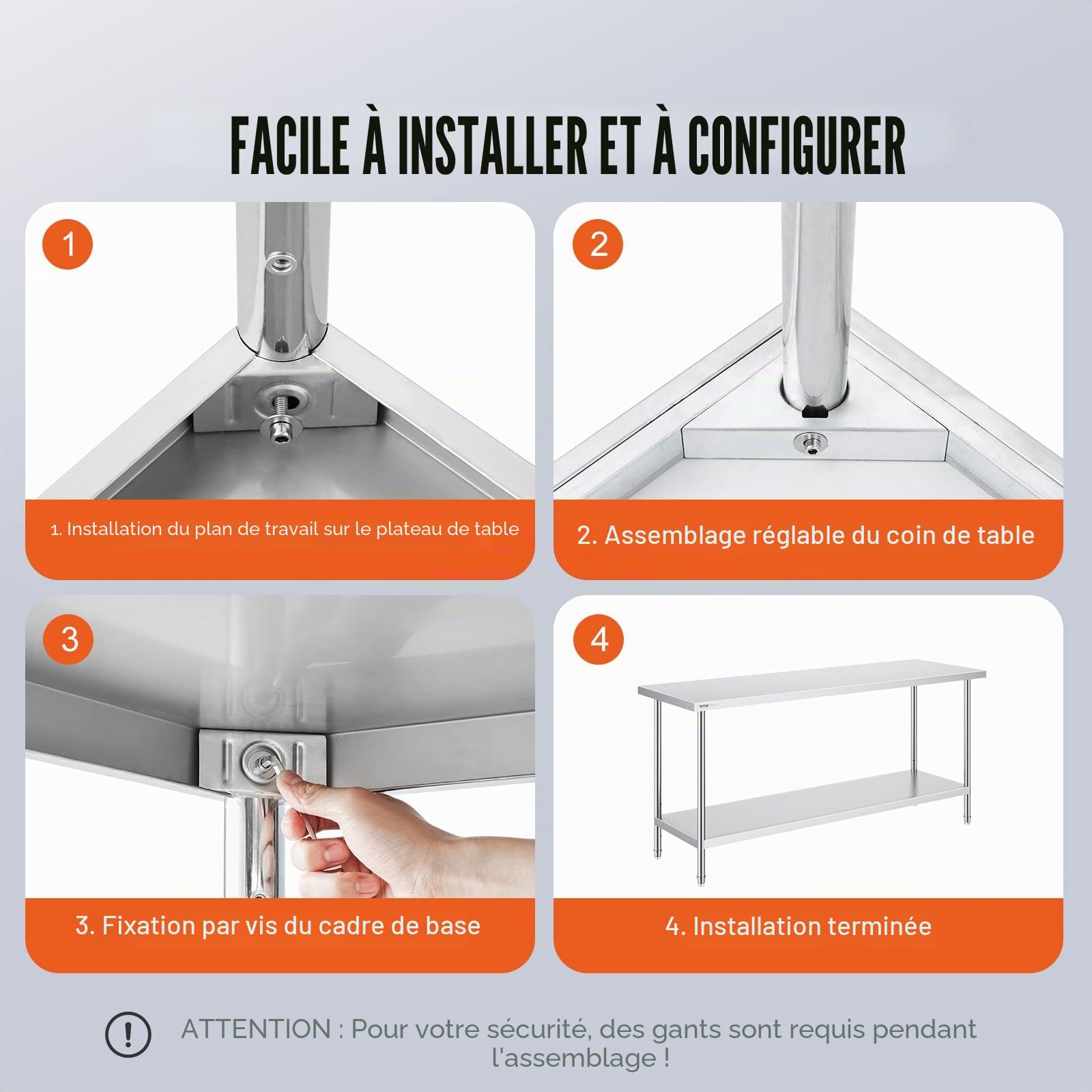 VEVOR Table de Travail en Acier Inoxydable 61x182,9x86,4 cm, Table de Préparation des Aliments Charge 399 kg, 3 Niveaux de Hauteur Réglables, Meuble de Rangement des Aliments, pour Cuisine Restaurant