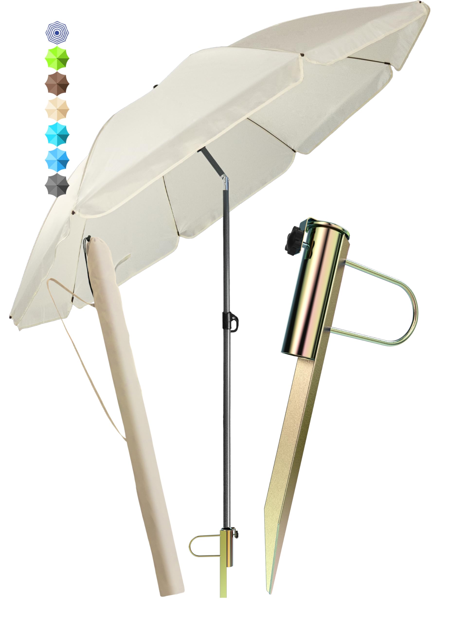 Menz Sonnenschirm Strand als Sonnenschutz Strand 3-IN-1 SET - UPF 50+ Strandschirm 180 cm + stabile Sonnenschirm Bodenhülse + robuste Sonnenschirmhülle