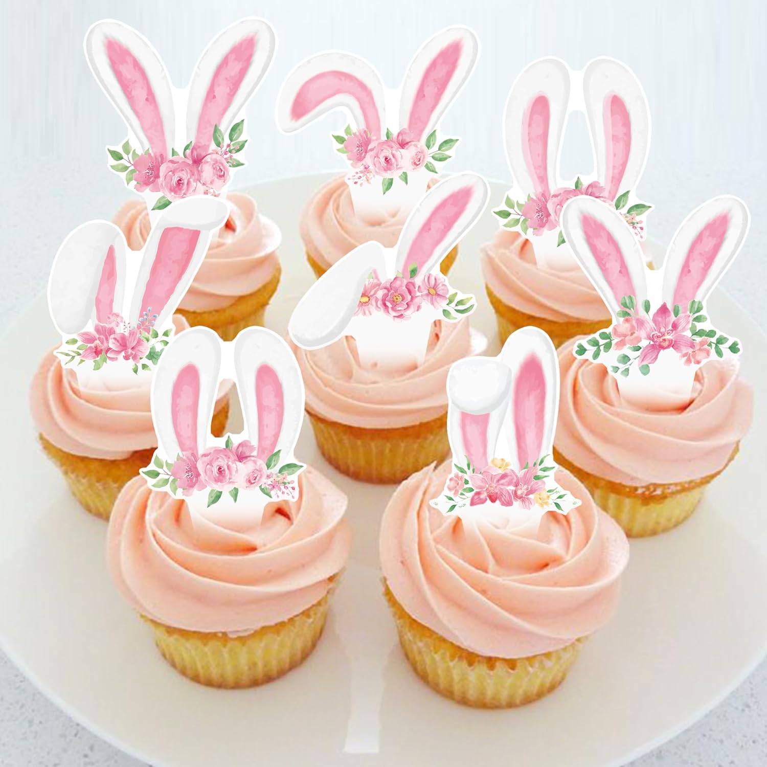 Easter Bunny Ear Cupcake Toppers Easter Party Decorations 48PCS Bunny Ear Cupcake Picks with Floral Rabbit Ears Cake Decorations for Spring Birthday Rabbit Lover Baby Shower Party Supplies