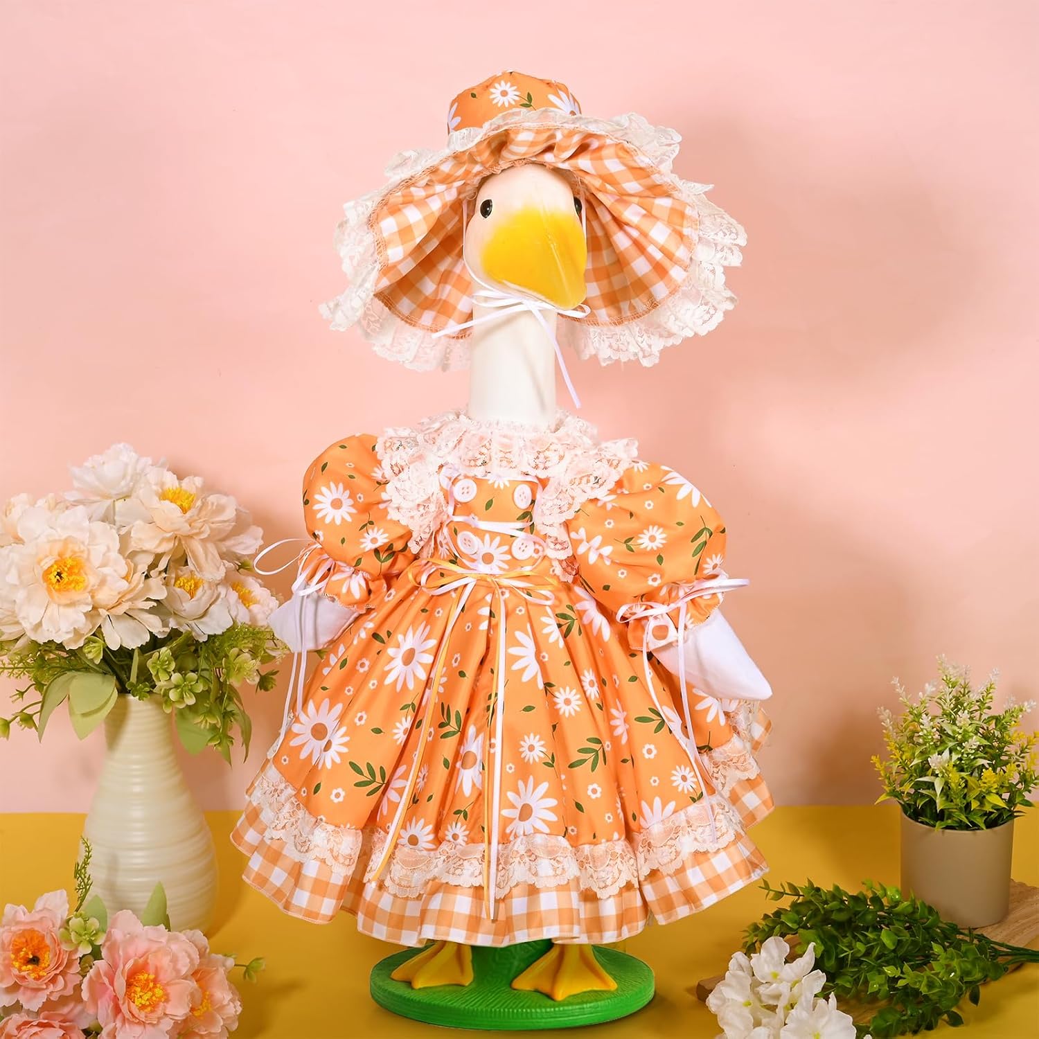 JcHrmers Spring Porch Goose Outfits Daisy Flower Goose Outfit Lolita Lawn Porch Goose Clothes Fits 23" Cement Plastic Goose Statue for Spring Outdoor Garden Yard Patio Statue Art Decor(Daisy)