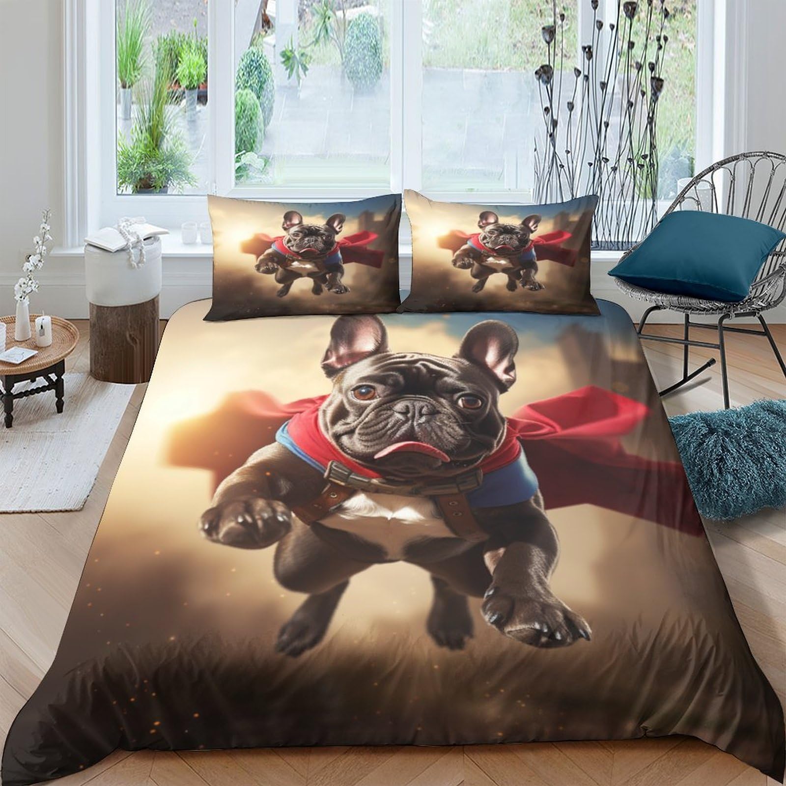 VesFy Bedding Set 3D FRENCH BULLDOG Printed Duvet Cover Set Soft 100% Microfiber Quilt Cover Bed Set 3PCS Flying Dog Comforter Cover Zipper Closure Pillowcase For Kids Boys Girls Double（200x200cm）