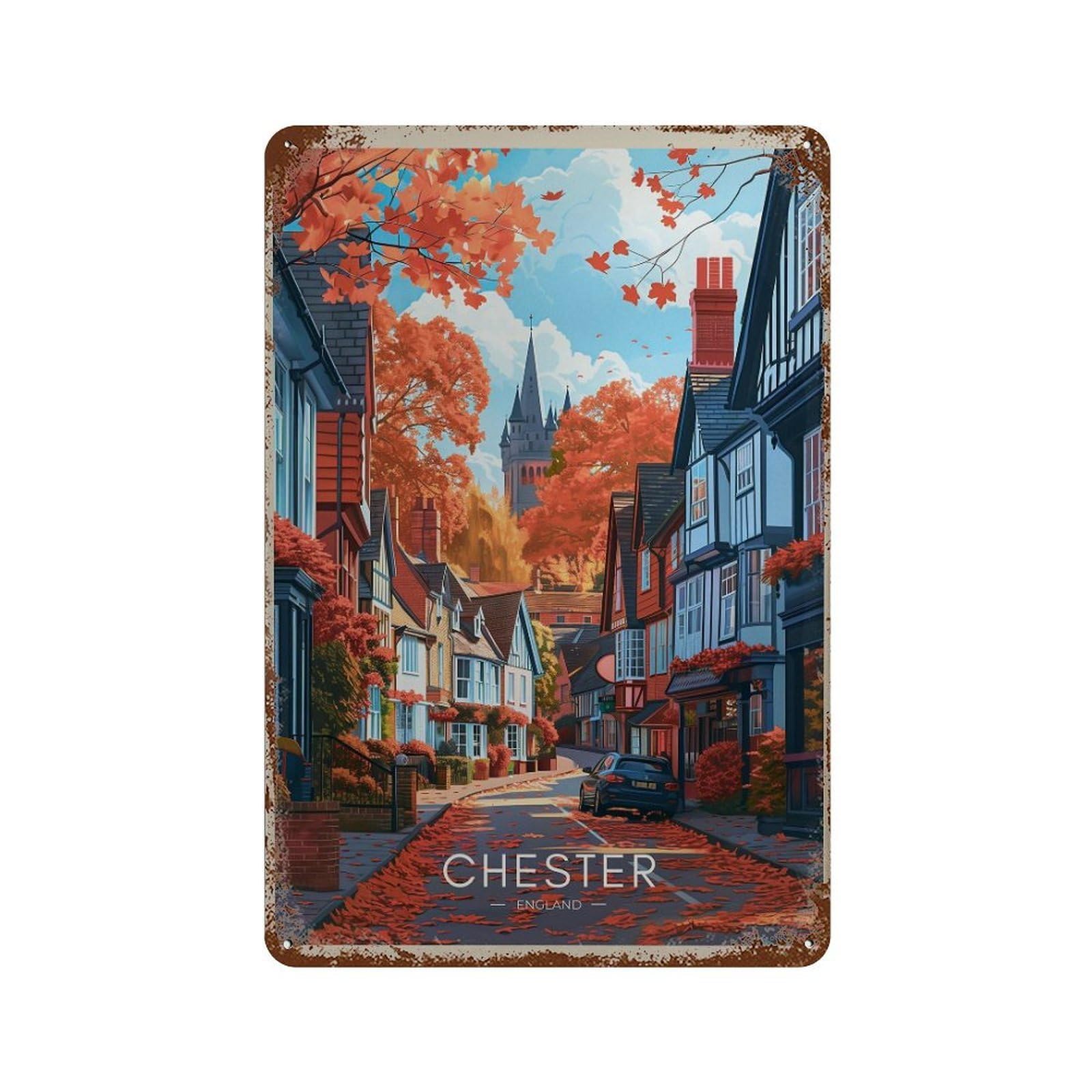 xiaoxiaoshen Chester England Travel Illustrated Cityscape Wall Decor Art Metal Tin Poster Modern Home Decor Art Home Bar Shop Decorations Vintage Sign 30x20cm