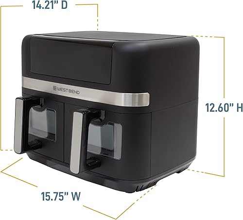Miniatura 7 de West Bend Freidora de aire doble cesta de 10 cuartos de galón de capacidad con controles digitales, ventanas de visualización y 15 ajustes