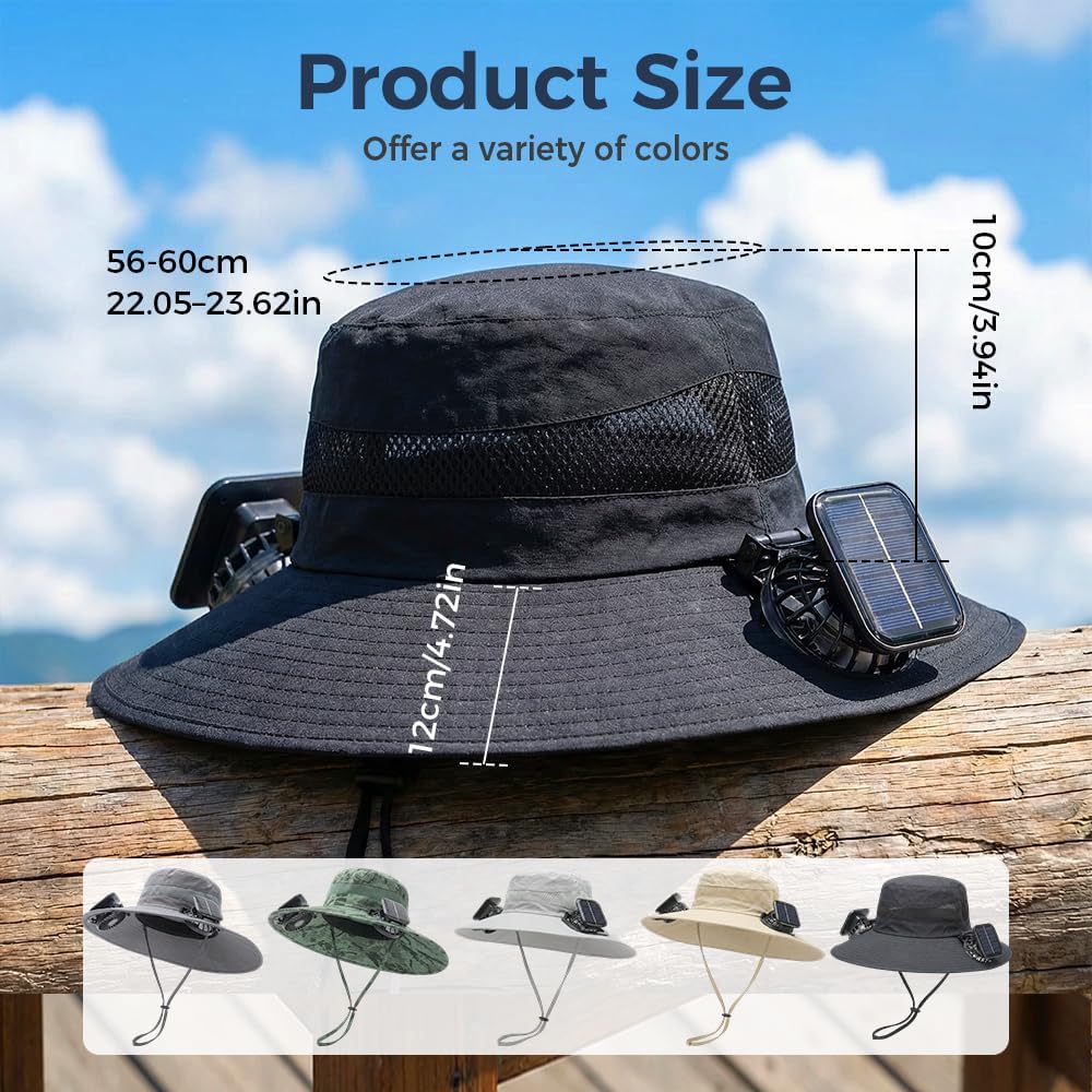 2026 Upgrade Outdoor Wide Brim Sun Hat with 2 Removable Solar Fan, Solar Powered Fan Hat for Hot Summer