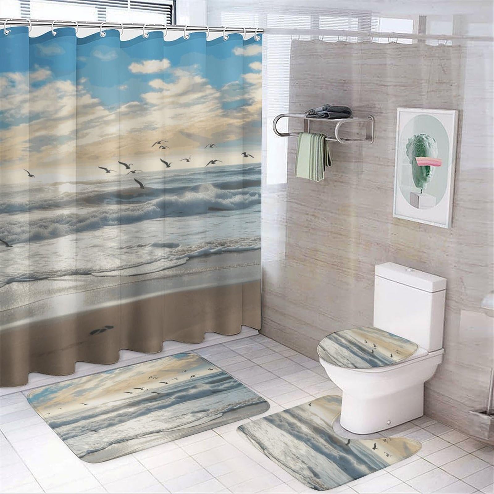 Rideau de douche imperméable vagues tapis de bain antidérapant polaire