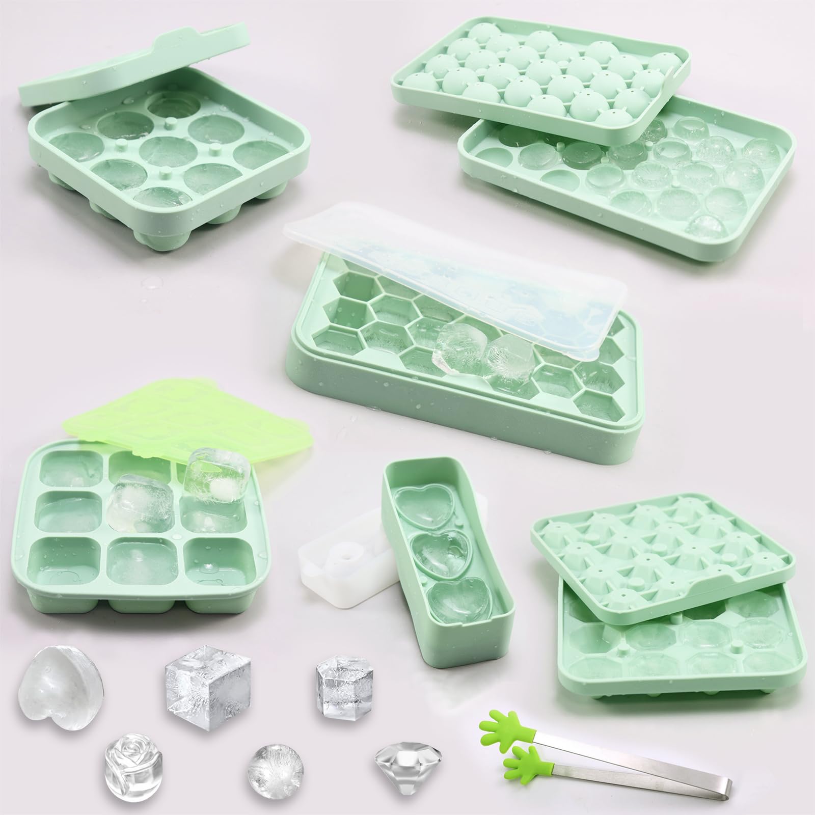 EYSOO Ice Cube Trays Set of 6 Silicone Ice Cube Molds with Lid Easy-release Ice Trays for Freezer - Rose, Diamond, Sphere, Square, Heart and Hexagon Shapes - BPA Free Silicone Ice Maker Trays (Green)