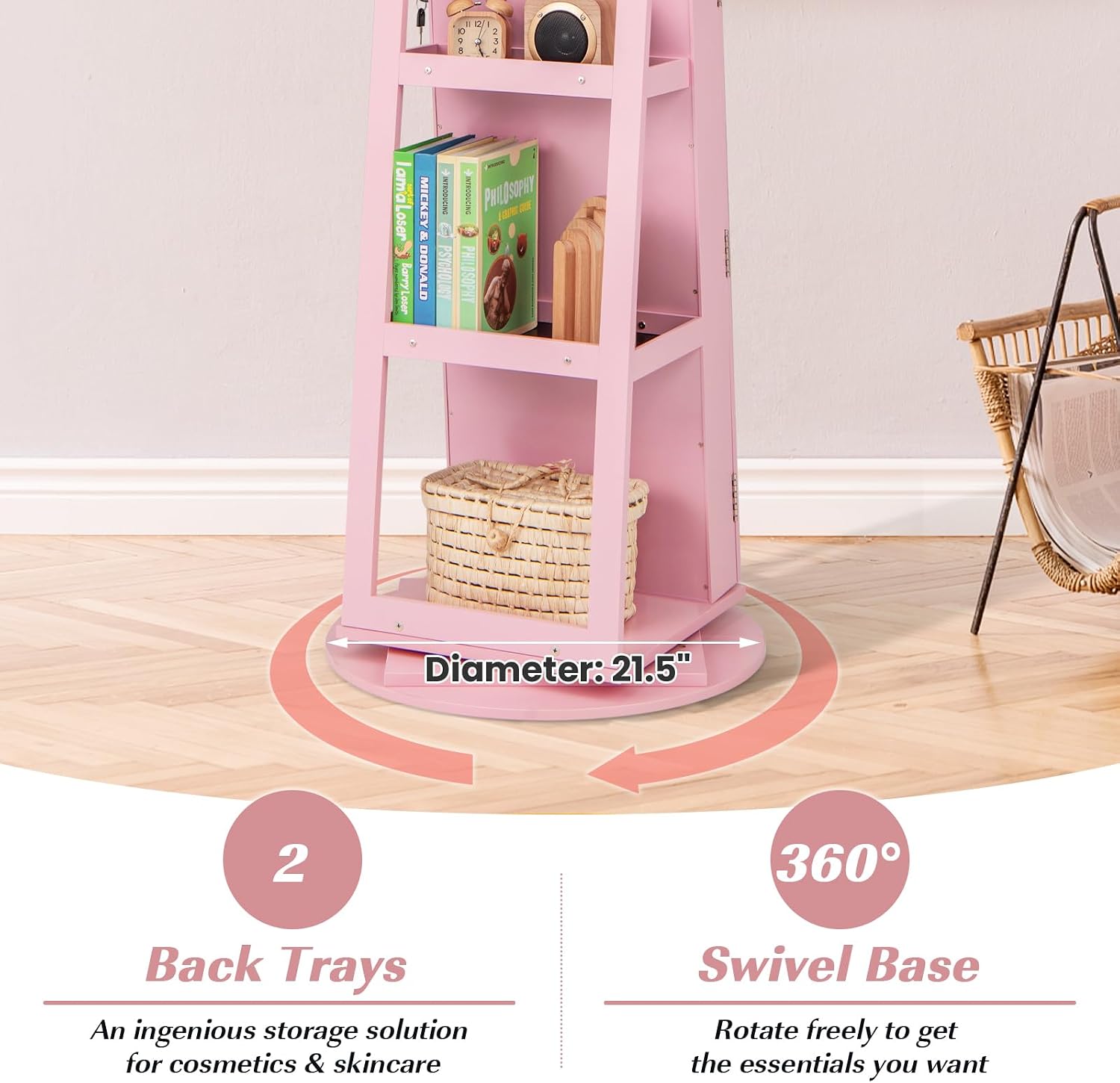 GOFLAME 360° Rotating Jewelry Cabinet with Full-Length Mirror, Freestanding Jewelry Armoire with 3-Color LED Light and Back Storage Shelf, Lockable Jewelry Organizer for Bedroom Cloakroom, Pink