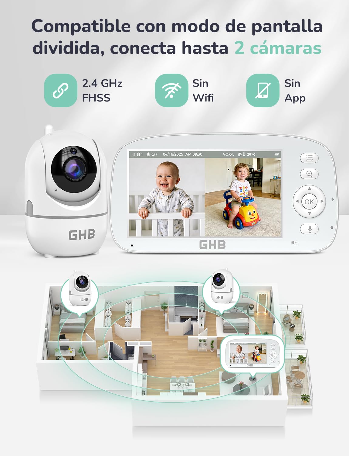 GHB Camara Vigilacia Bebe 5 Pulgadas 720P Pantalla IPS de Batería de 5000mAh Vigilabebes PTZ 350°/110° Pantalla Dividida, 4XZoom, Visión Nocturna, Comunicación Bidirecciona Escucha Bebe