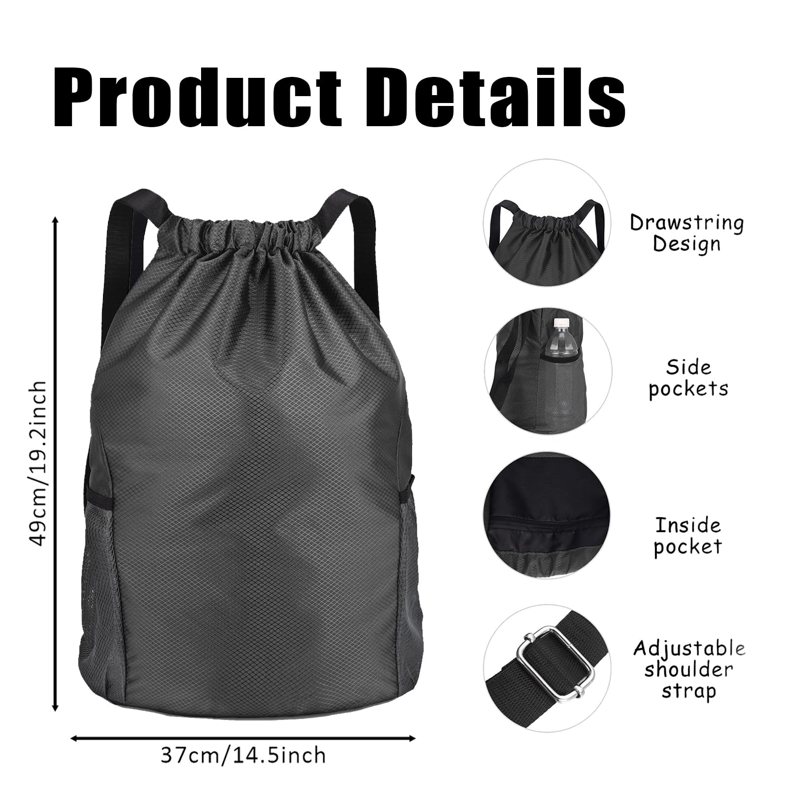 huipinghu Large Capacity Drawstring Backpack, Black - Image 3