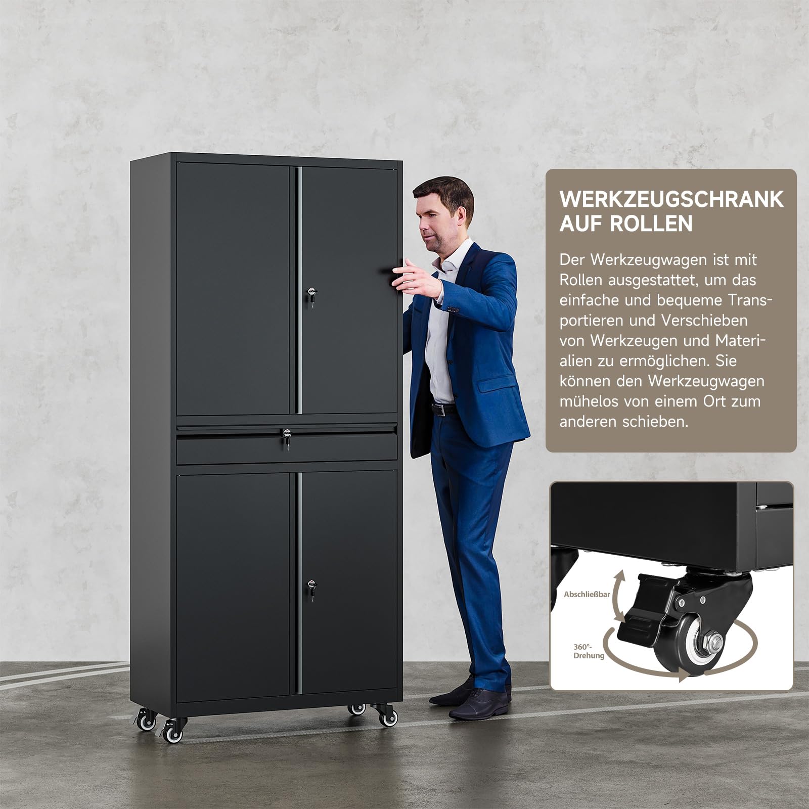 Sightlife Werkzeugschrank Metallschrank - 180x40x80cm Abschließbar Multifunktionaler Stahlschrank, Werkstattschrank mit Verstellbaren Trennwänden, Werkzeugschrank mit Schubladen (Auf Rädern)