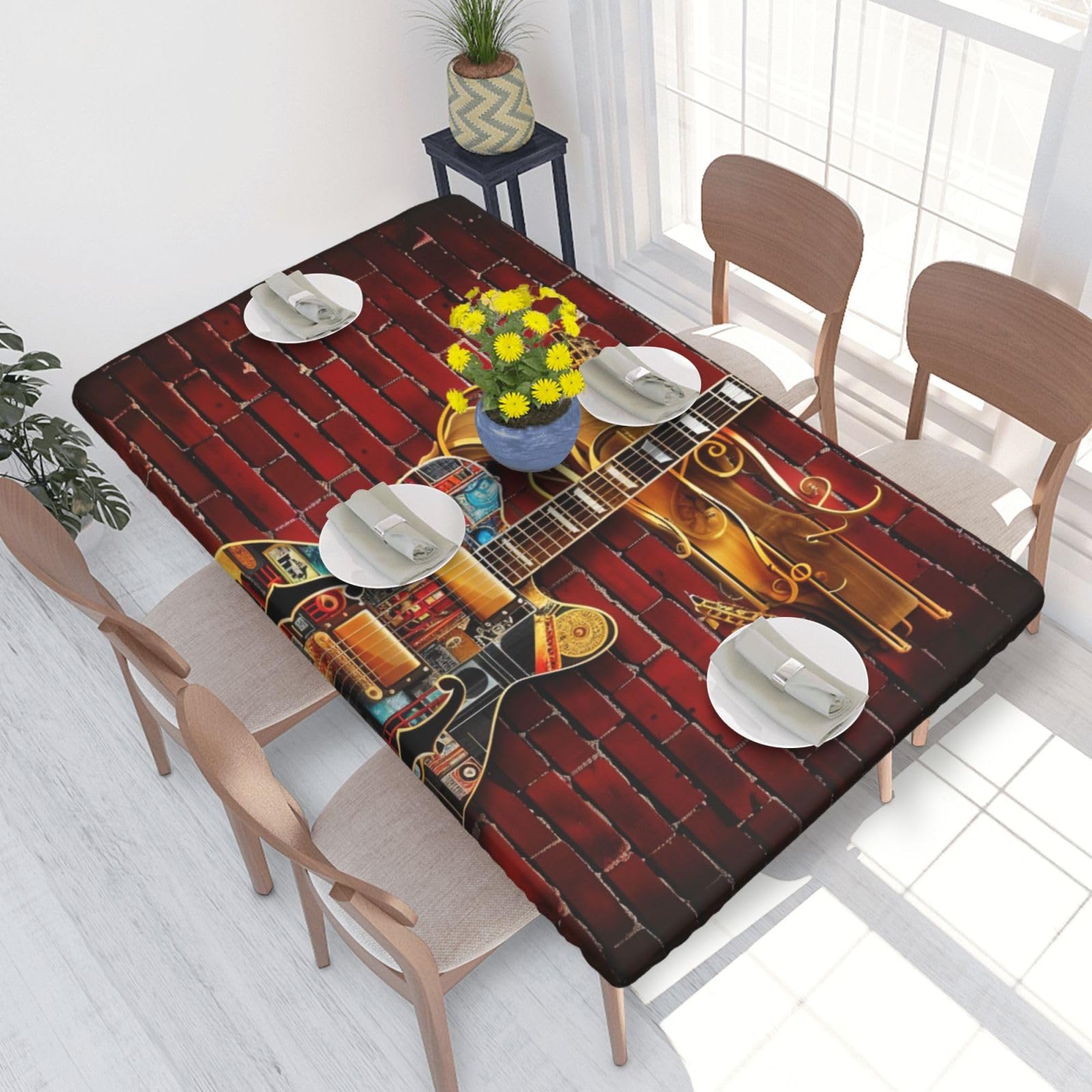 DCARSETCV Note Guitar Printed 4FT Waterproof Tablecloth with Elastic Edged Protect & Decor Your Table, Oil-proof Washable Table Cloth Cover for Dinner Picnic Party