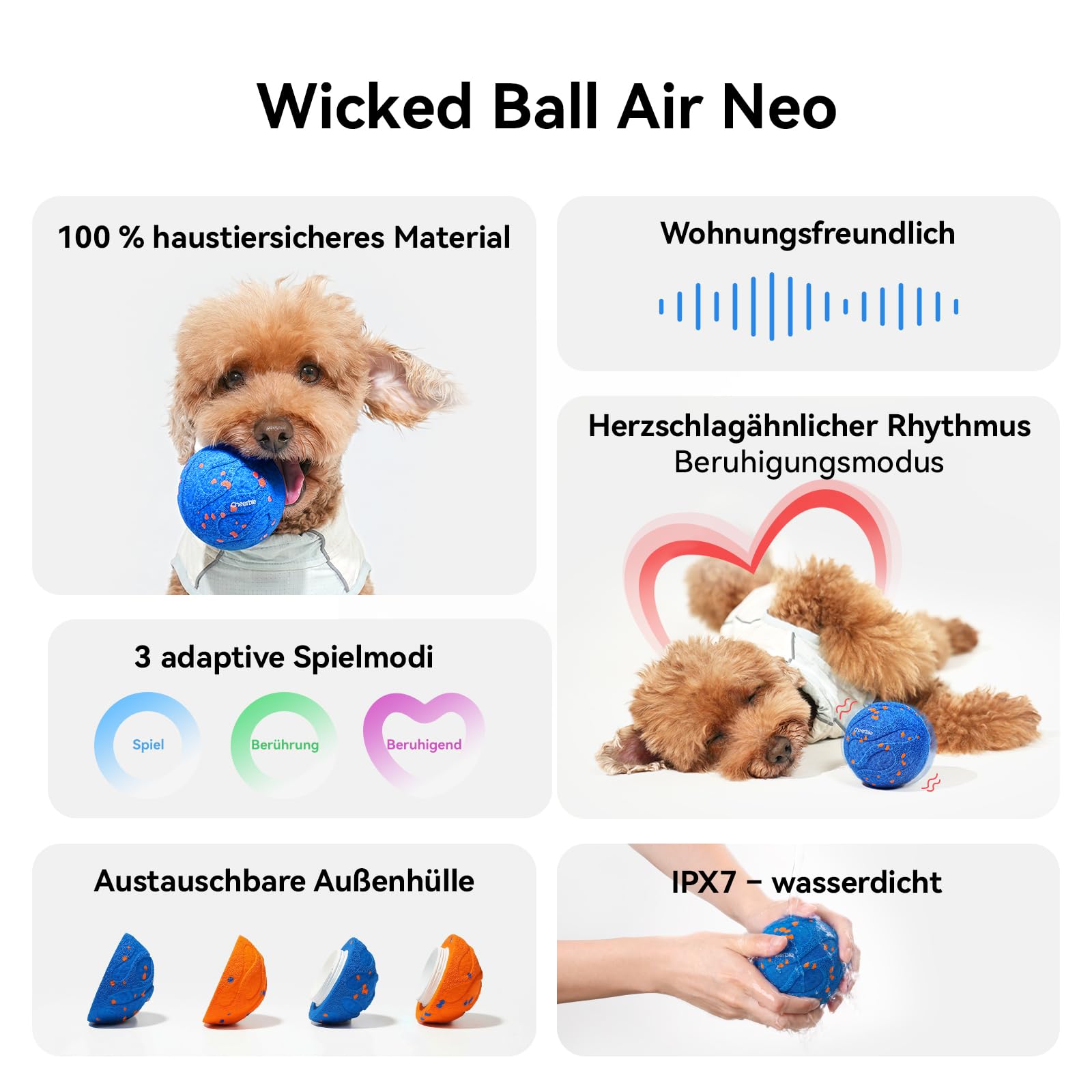 Cheerble Interaktiver Hundeball - Wicked Ball Air Neo mit Beruhigungsmodus | Hundespielzeug Ball mit 3 Spielmodi, IPX7 wasserdicht, E-TPU, leises Hundespielzeug für kleine & große Rassen, Blau