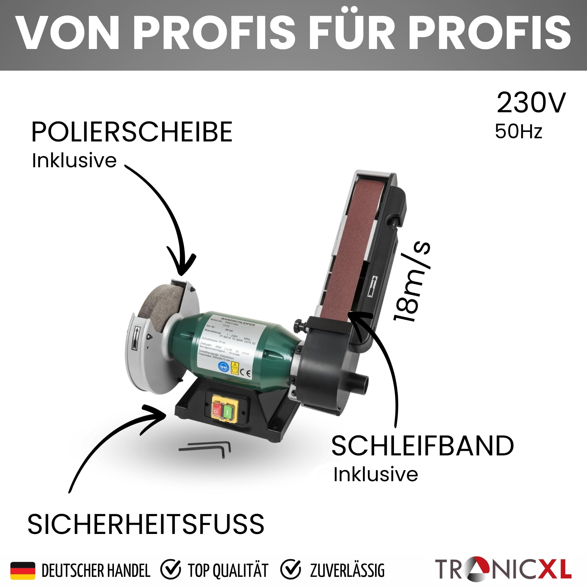 TronicXL Szlifierka kombi 600 W, tarcza filcowa do polerowania, taśma szlifierska, ostrzałka do noży, ostrzałka taśmowa, podwójna szlifierka taśmowa