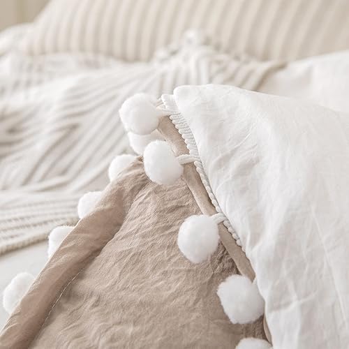 Miniatura 9 de Bedbay Juego de edredón estético bohemio, tamaño Queen, edredón blanco, elegante con pompones, flecos y flecos, juego de edredón ligero de