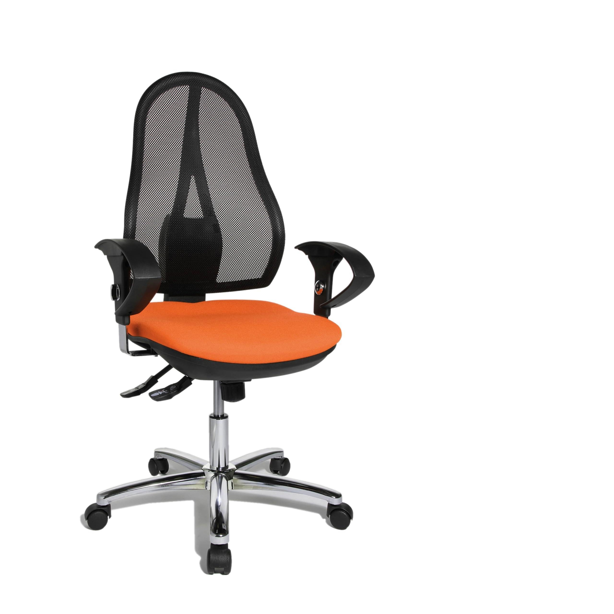 Topstar Open Point SY Deluxe, ergonomischer Syncro-Bandscheiben-Drehstuhl, Bürostuhl, Schreibtischstuhl, inkl. Armlehnen (höhenverstellbar), Stoff, orange, 48x48