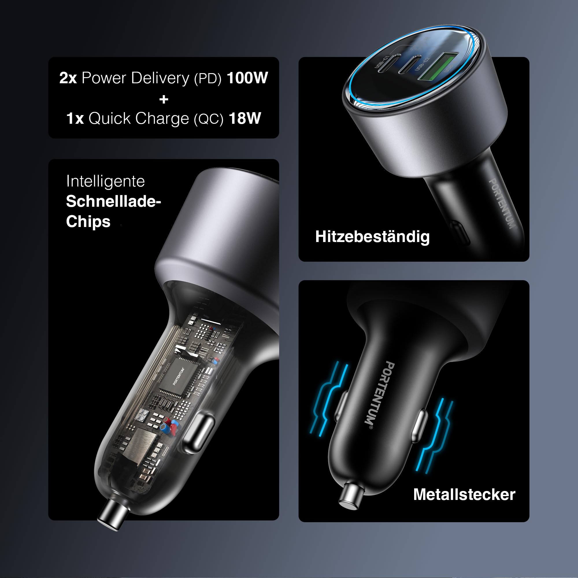 PORTENTUM Zigarettenanzünder USB C 200W + 100W USB-C Kabel – Triple Auto Ladegerät – Dual USBC PD 100W + USBA QC 18W – 12V USB Adapter Auto für iPhone iPad MacBook Android Tablet Smartphone