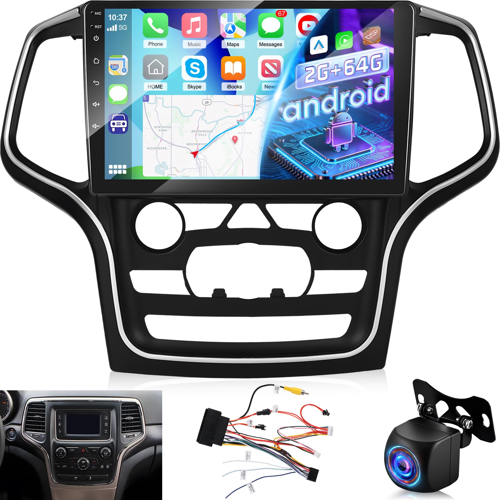 Photo 1 of [4+64G] Android Radio for Jeep Grand Cherokee 2014-2020 with Big Screen: 10 inch IPS Touchscreen Carplay Radio - Wireless Android Auto, Custom Homepage, DSP/EQ, 5G/WiFi, SWC + Rearview Camera + Canbus
