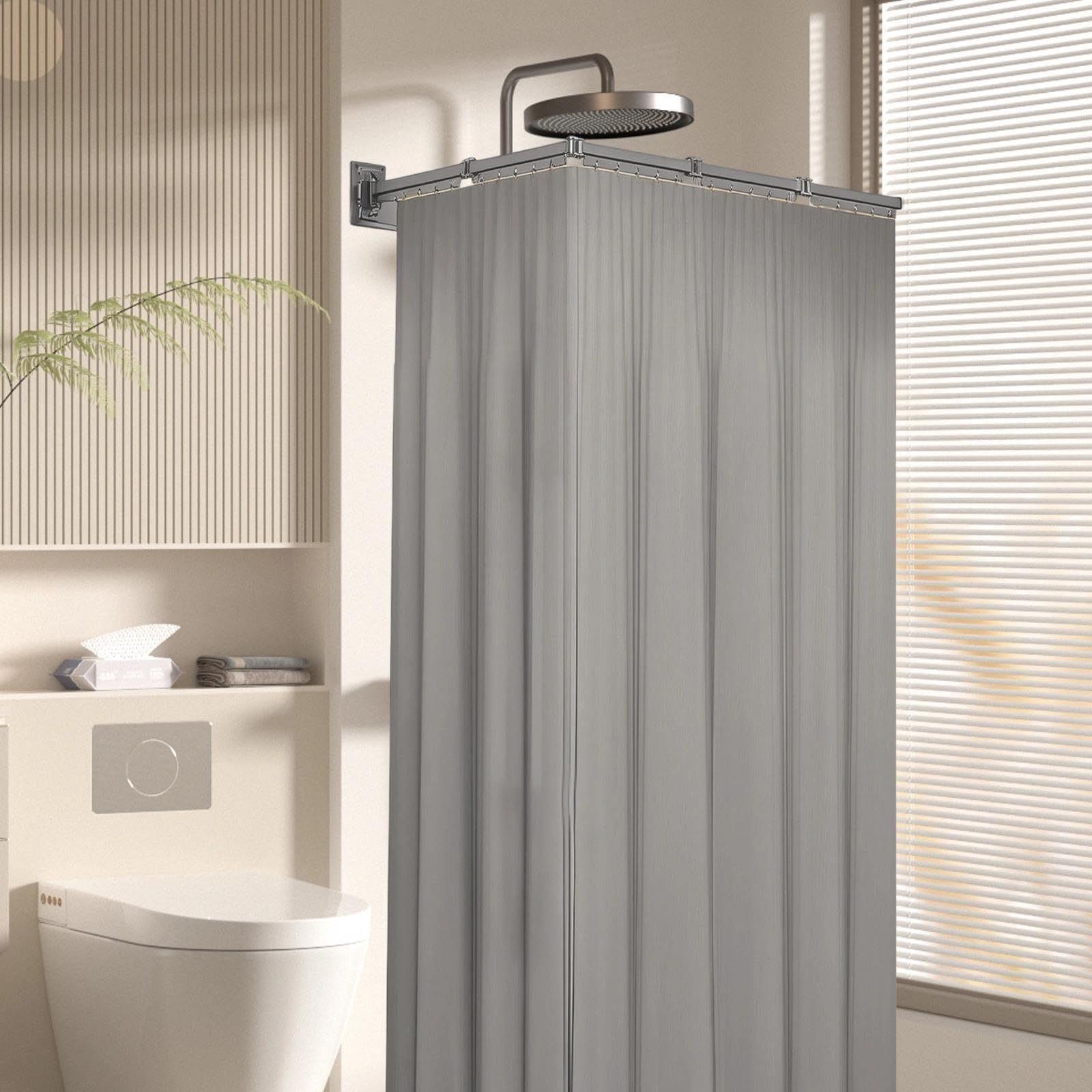 Barra Ducha Plegable 5 Pliegues con Cortina Incluida | Barra Cortina Ducha, Dos Métodos de Instalación, para Hogares, Hoteles y Gimnasios