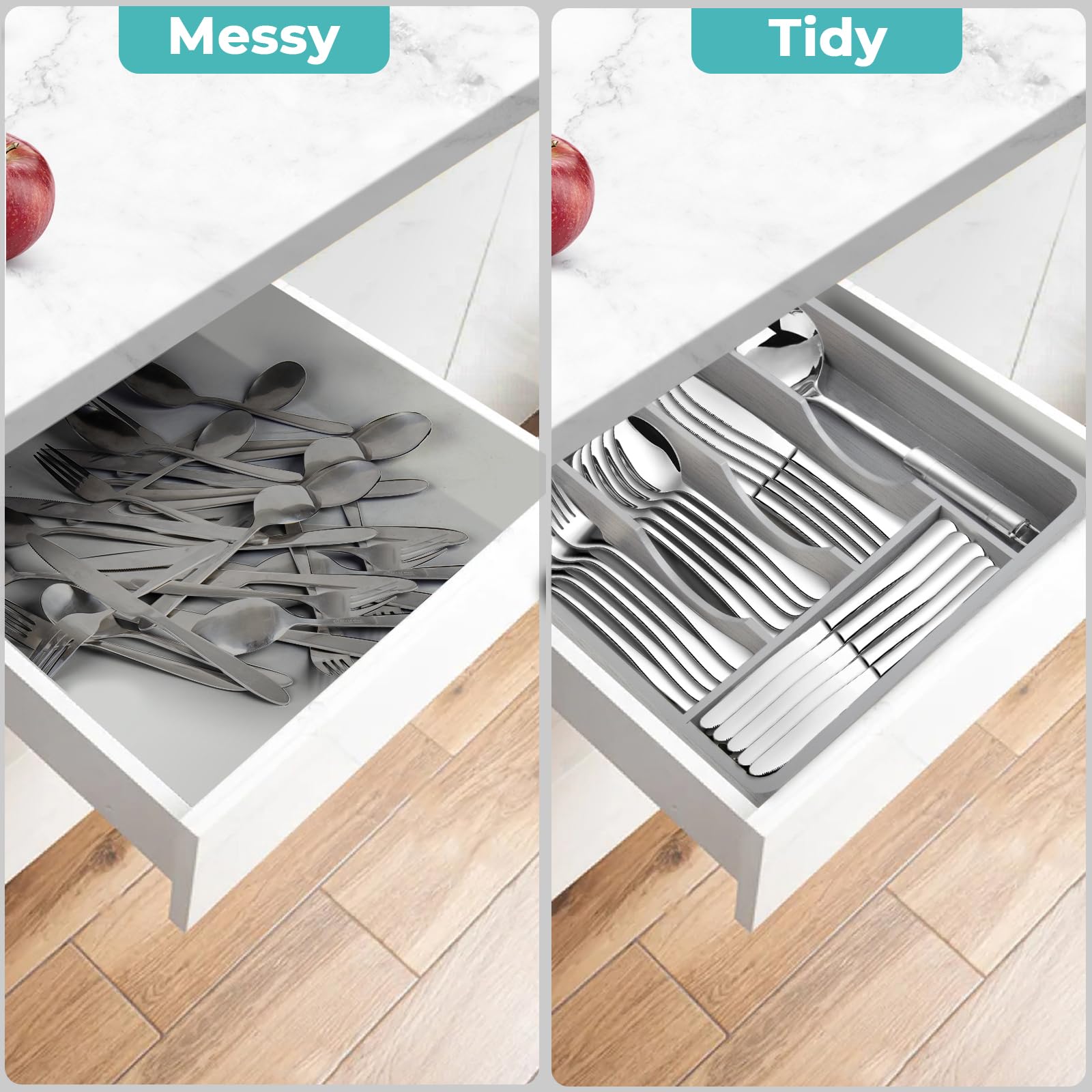 Porta Posate Da Cucina Con Coperchio – Vassoio 5 Scomparti In Plastica Alimentare, Grigio, Antipolvere - 3