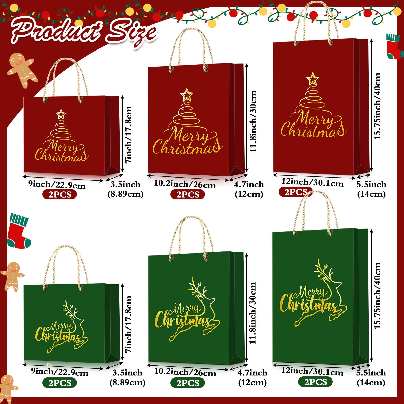 Zhanmai 12 bolsas de regalo de Navidad a granel con diseño de árbol de Navidad, alce, con asas, bolsas de golosinas rojas y verdes, bolsas de regalo de Navidad para invierno, cumpleaños, boda, baby