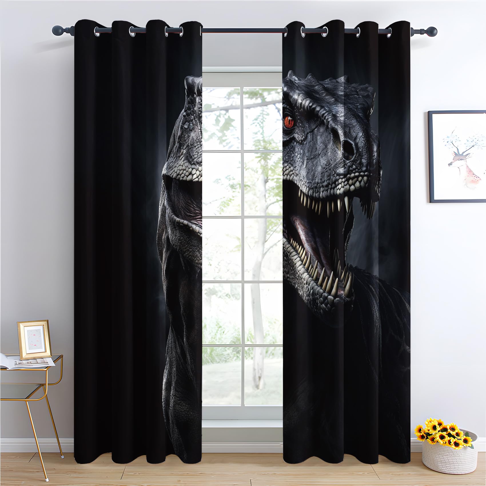 Vorhänge Dinosaurier Muster - Kinder T-Rex Dino Fenster Gardinen mit Ösen, Vorhang Blickdicht Verdunklungsvorhänge Thermovorhang für Wohnzimmer Schlafzimmer Deko 2er Set, H 200 x B 140 cm G&-18