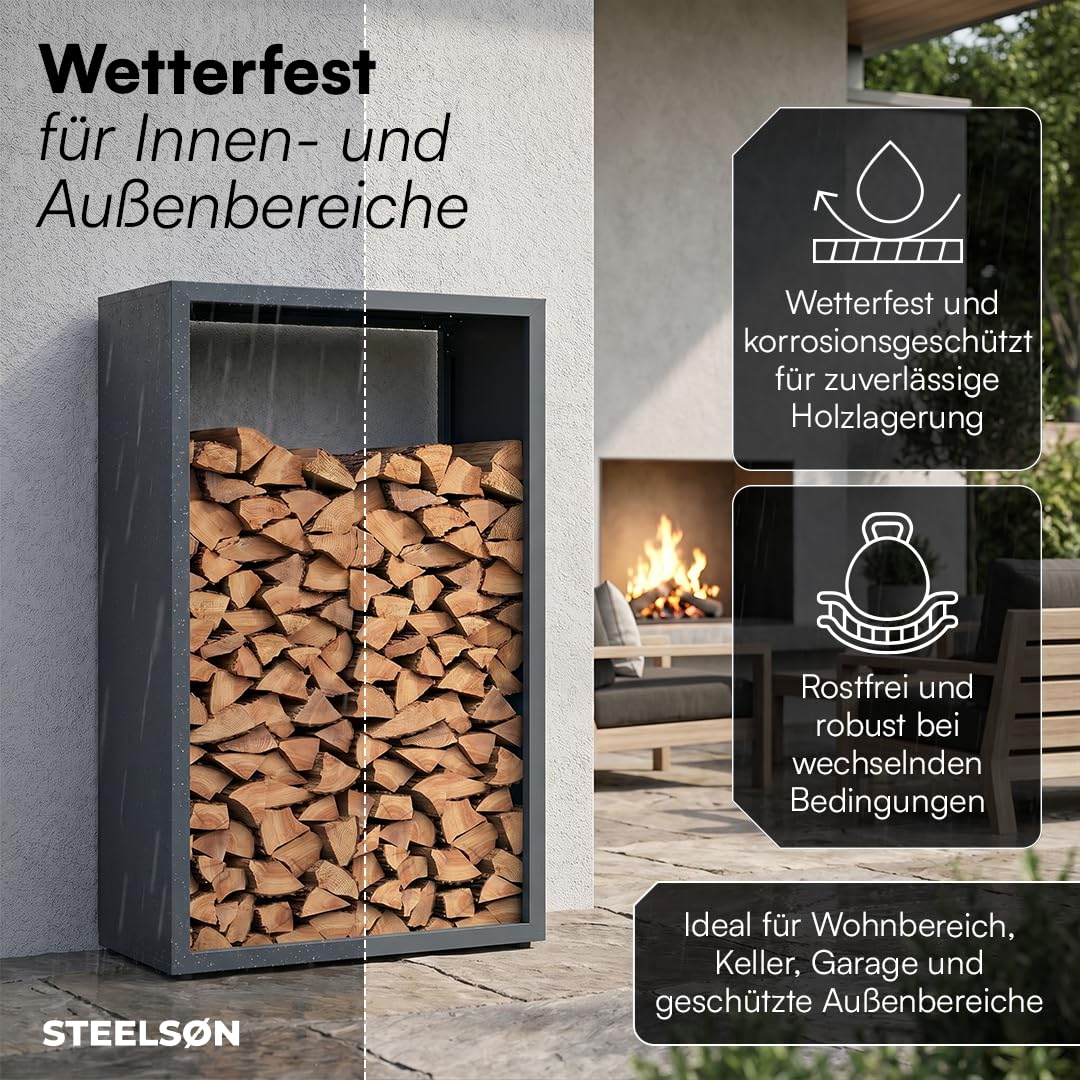STEELSØN Keid Kaminholzregal 140x90x42,5 cm – Brennholz Regal für innen/außen – Holzunterstand stabiles Metall - rostfrei & wetterfest - Feuerholz Aufbewahrung Outdoor & Wohnzimmer/Keller - anthrazit
