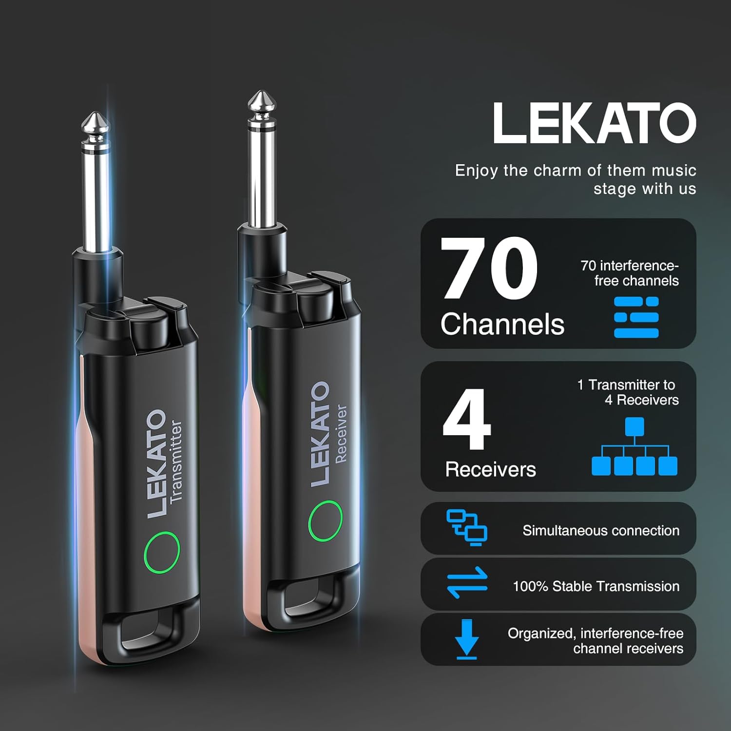 LEKATO Wireless Guitar System UHF Wireless Guitar Transmitter Receiver Rechargeable Audio Wireless Transmitter and Receiver with 70 Channels Wireless for Bass Electric Instruments(Pink)