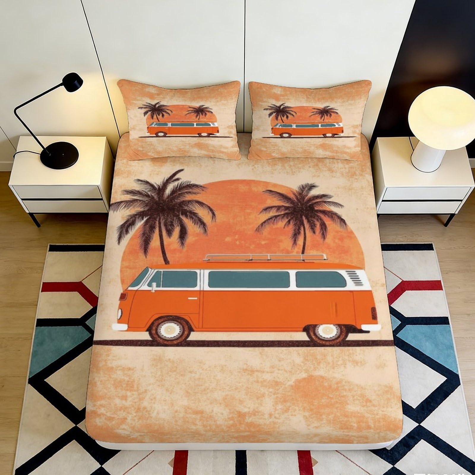 3D Printed Sunset Palm Tree Fitted Sheet Microfiber Soft Orange Camper Van Mattress Cover for Bedroom Dorm Decor 90x200x25cm