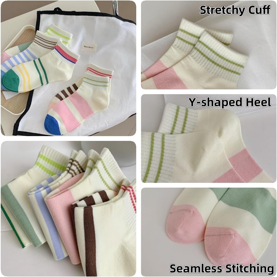 5 Pairs Cute Striped Ankle Socks Academic Style Low-cut Socks for Women Girls (5 Pairs-Set03) - Image 4