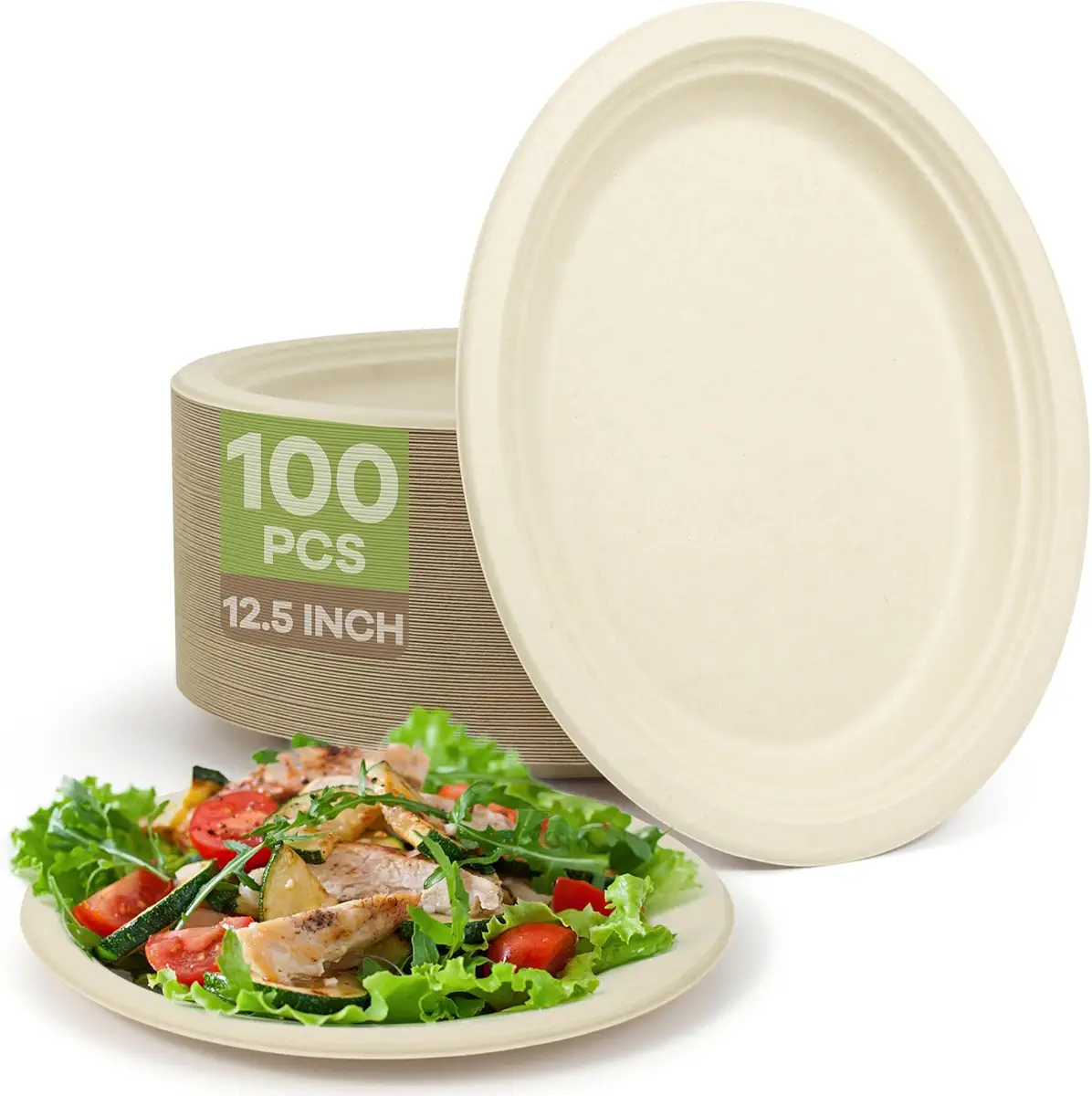 FEHHTO Disposable Oval Paper Plates, 100Pack 12.5inch Biodegradable Paper Plates, Compostable Heavy Duty Bagasse Platters Eco-Friendly Sugarcane Plates for BBQ, Party, Picnic - Natural Brown