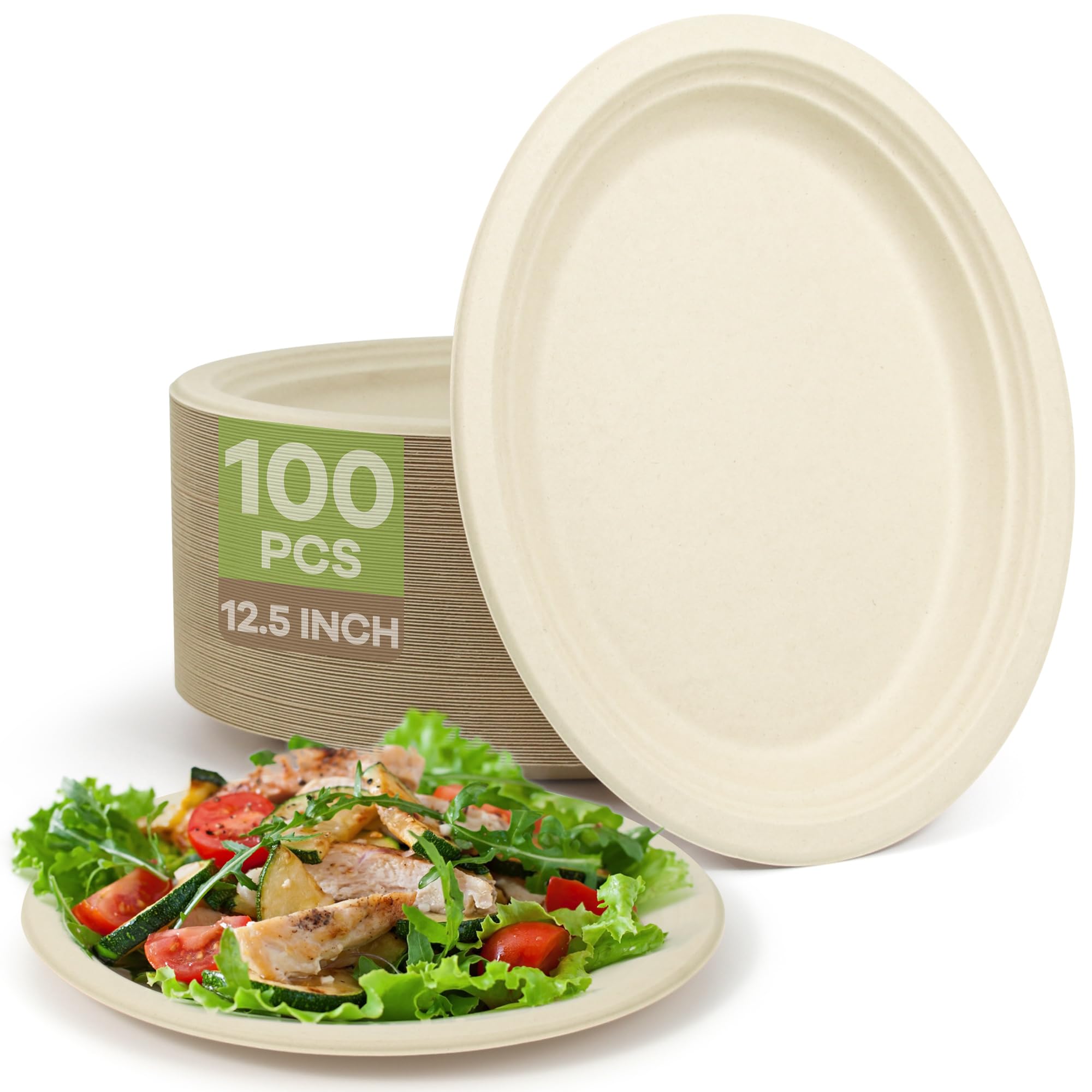 Platos de papel ovalados desechables, paquete de 100 platos de papel biodegradables de 12.5 pulgadas, platos de bagazo compostables resistentes y ecológicos para barbacoa, fiesta, picnic, color