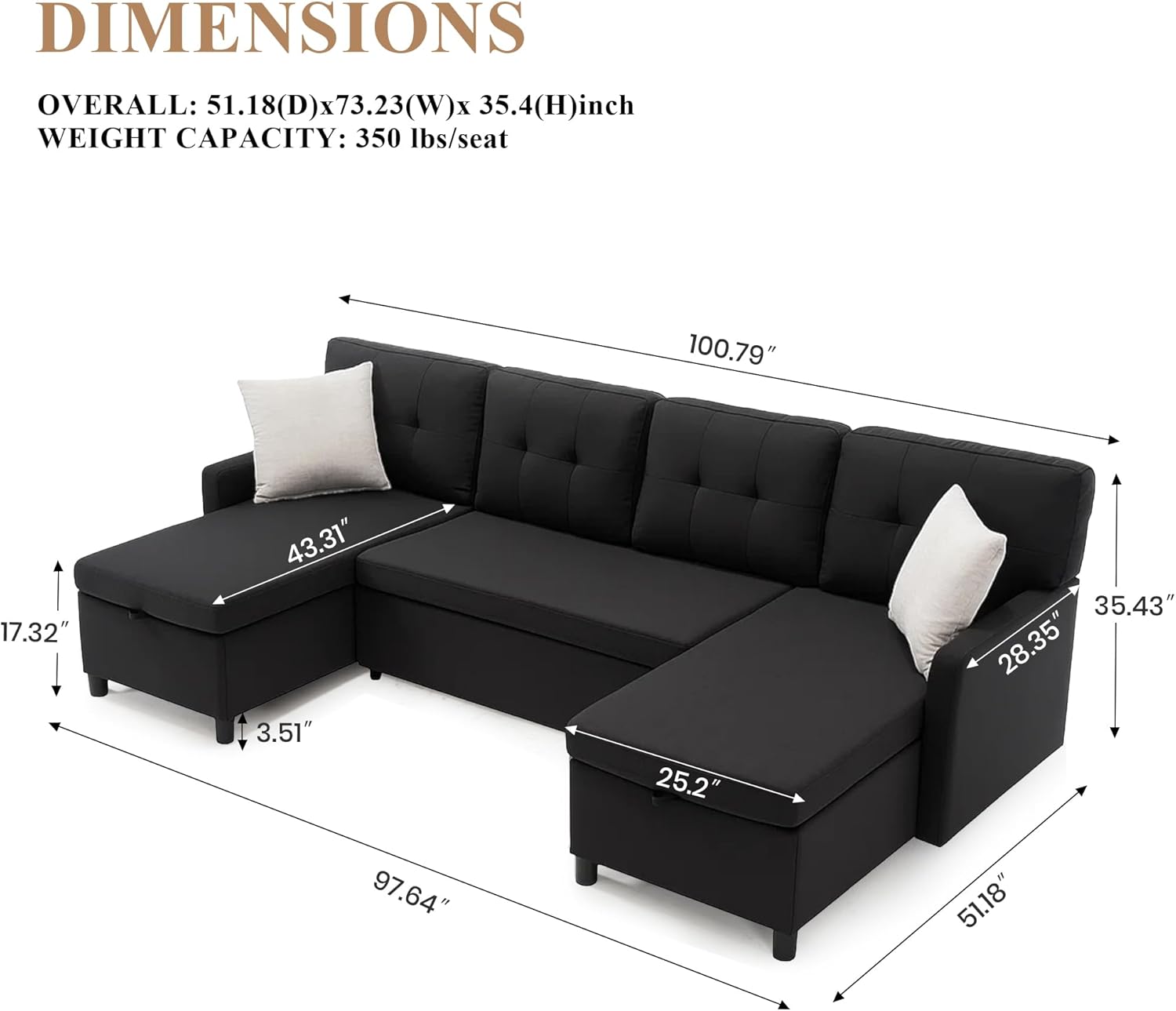Sleeper Sofa Couch, Oversized Pull Out Couch Bed with Storage Chaise, Sectional Sleeper Sofa Bed for Living Room (Black, Double Chaise)