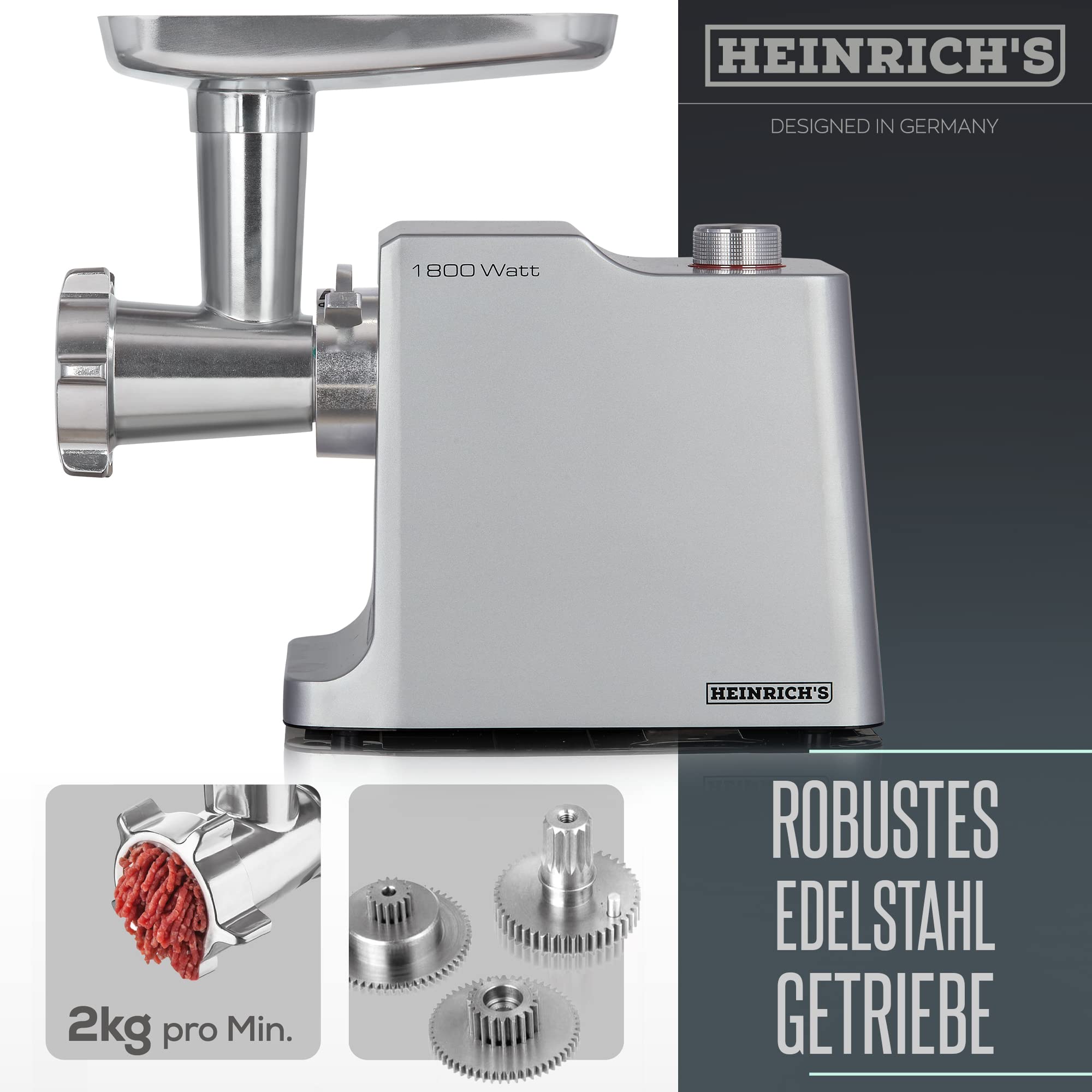 HEINRICHS - Tritacarne Elettrico 1800W Con 3 Griglie + Accessori Kebbe E Salsiccia, 2kg/Min, Motore Potente, Ingranaggio In Metallo, Macchina per Salsicce Professionale