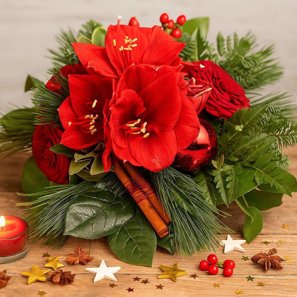 Blumenstrauß Weihnachten - Adventsstrauß mit Rosen und Amaryllis