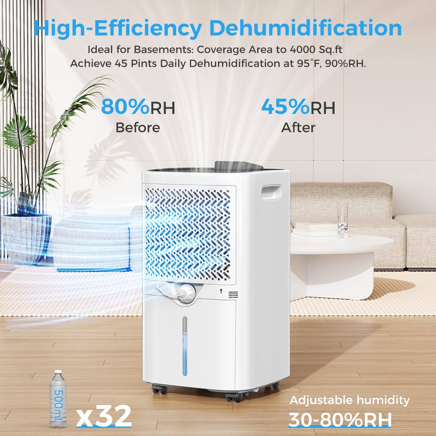 4000 sq.ft Dehumidifier for Basement, Trazico 45 Pint Dehumidifiers for Home with Drain Hose, Smart Humidity Control, 24H Timer, Auto Defrost, Ideal for Large Room, Bathroom, Bedroom, Garage, Black