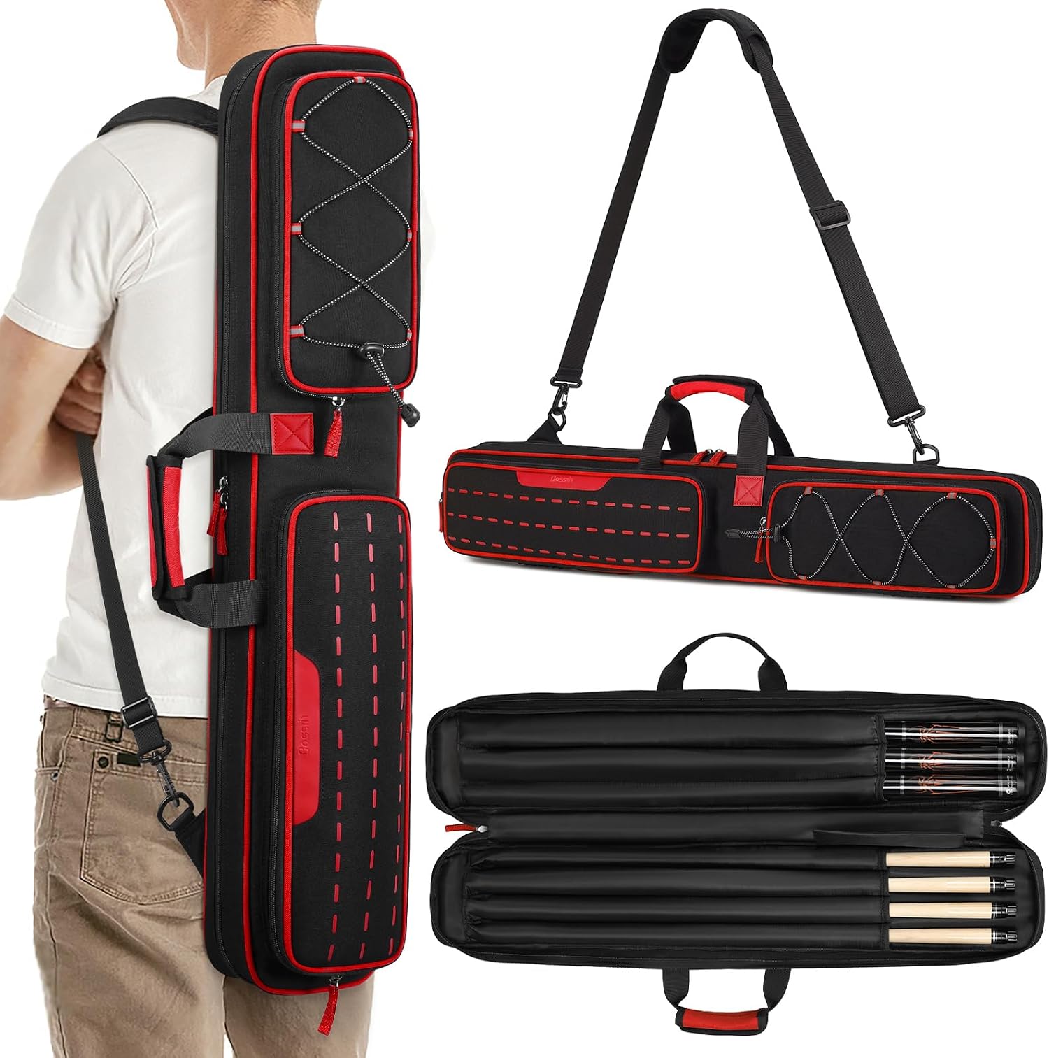 BOSSTIN Pool Cue Case, 3x4 / 5x5 Pool Stick Billiard Cue Accessories Soft Padded Bag Case