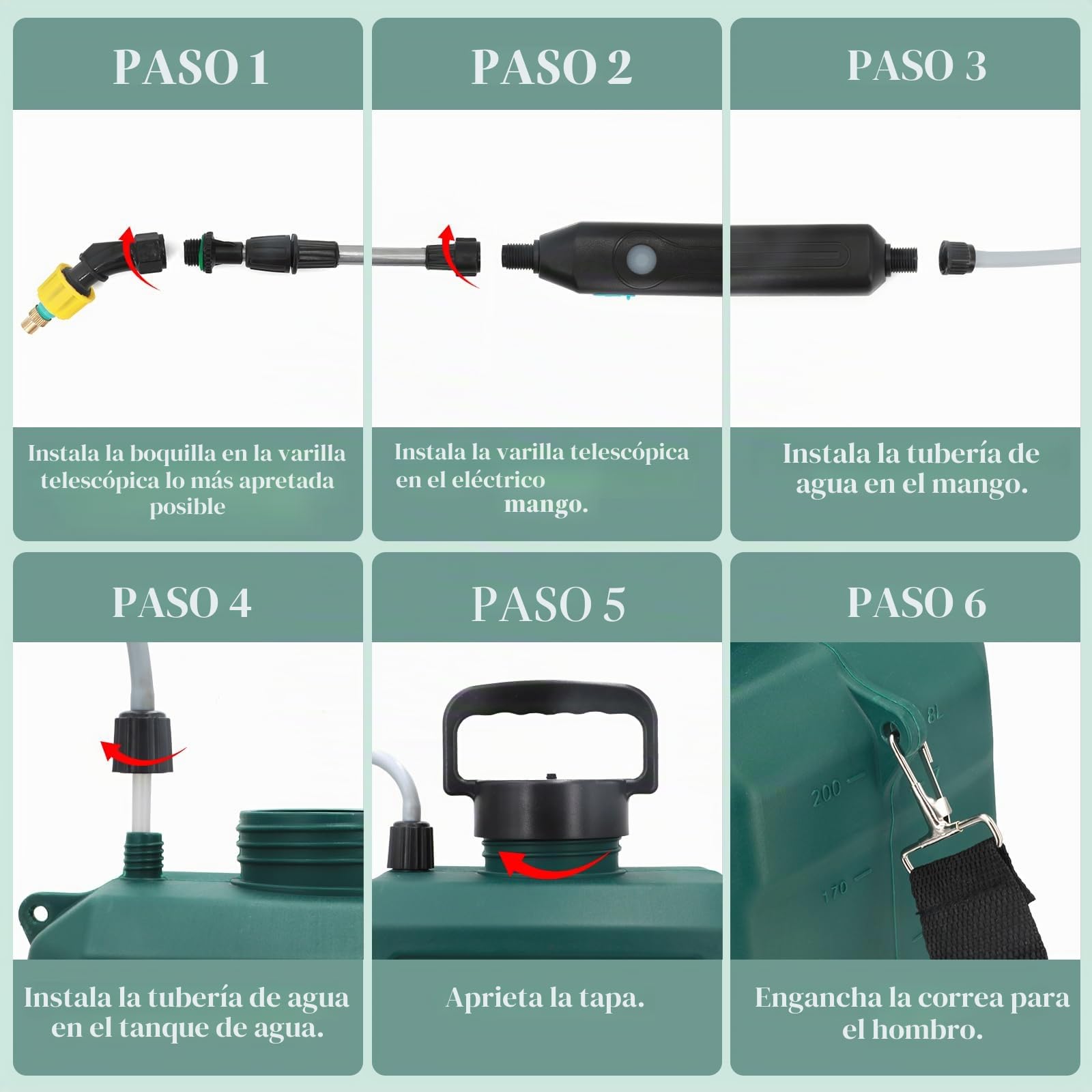 Pulverizador Eléctrico de Jardín 8 L a Batería, Recargable por USB con 3 Boquillas Ajustables, Lanza Telescópica y Correa Ajustable, Pulverizador de Presión para Riego, Plantas y Deshierbe