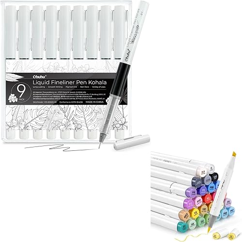 Ohuhu Bolígrafos fineliner líquidos, 9 tamaños, pigmento, tinta negra, microbolígrafos para bocetos, marcadores de alcohol, 24 colores, pincel y