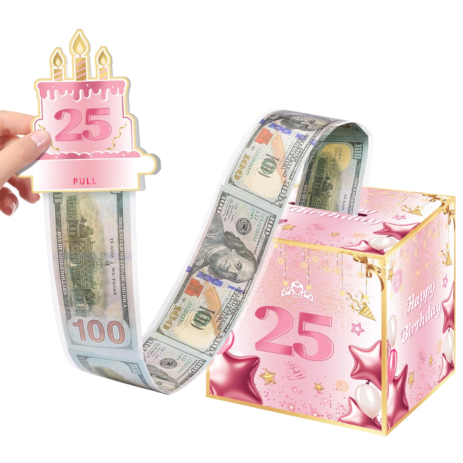 Joycard Hucha de cumpleaños número 25 para ella o hija, decoraciones de cumpleaños de 25 años, divertida caja de regalo extraíble para fiestas, ideal para sorpresas de 25 cumpleaños (con 35 bolsas)