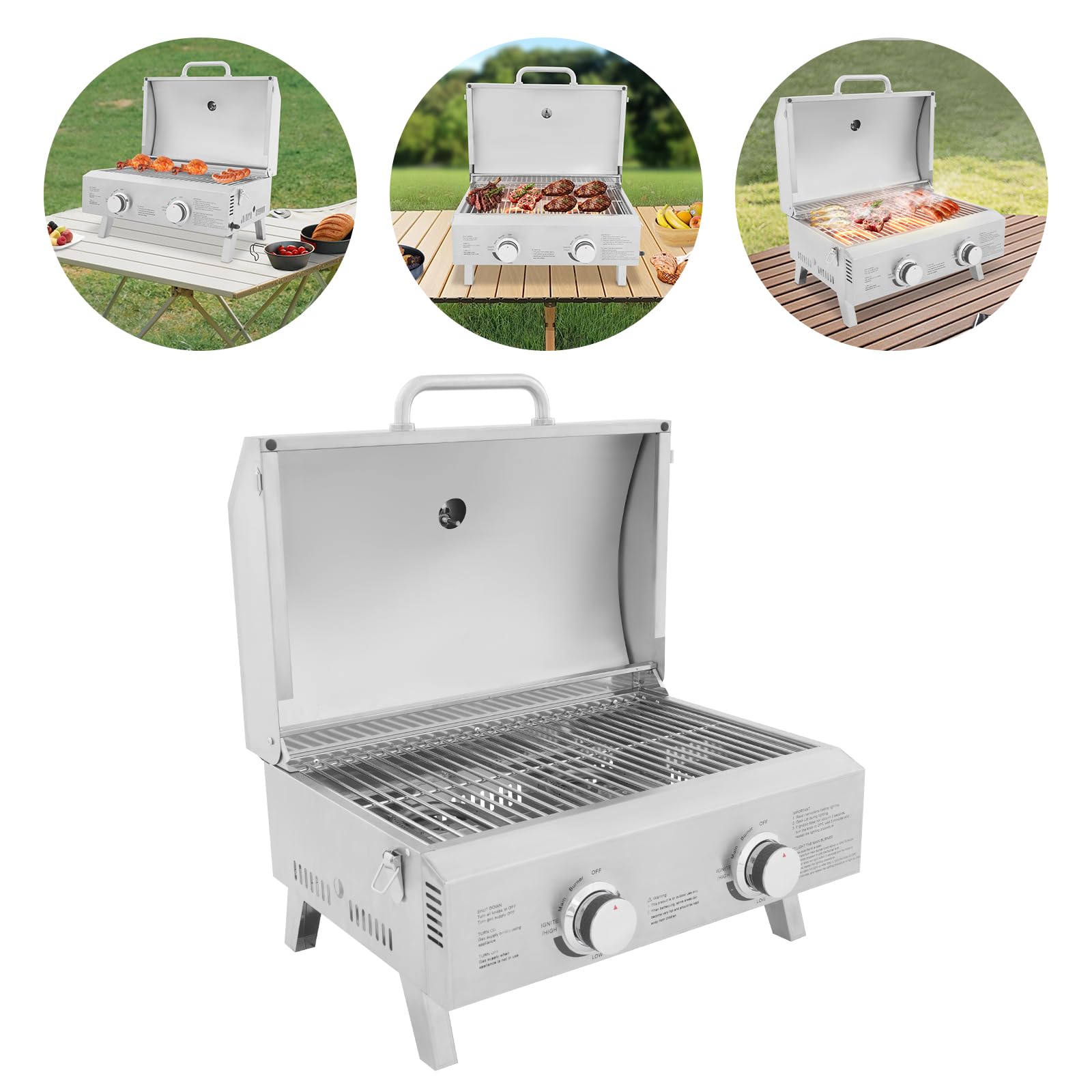 Barbecue à gaz gastro avec 2 brûleurs - En acier inoxydable - Avec couvercle - Pliable - Portable - Pour terrasse, excursions en camping-car et pique-nique