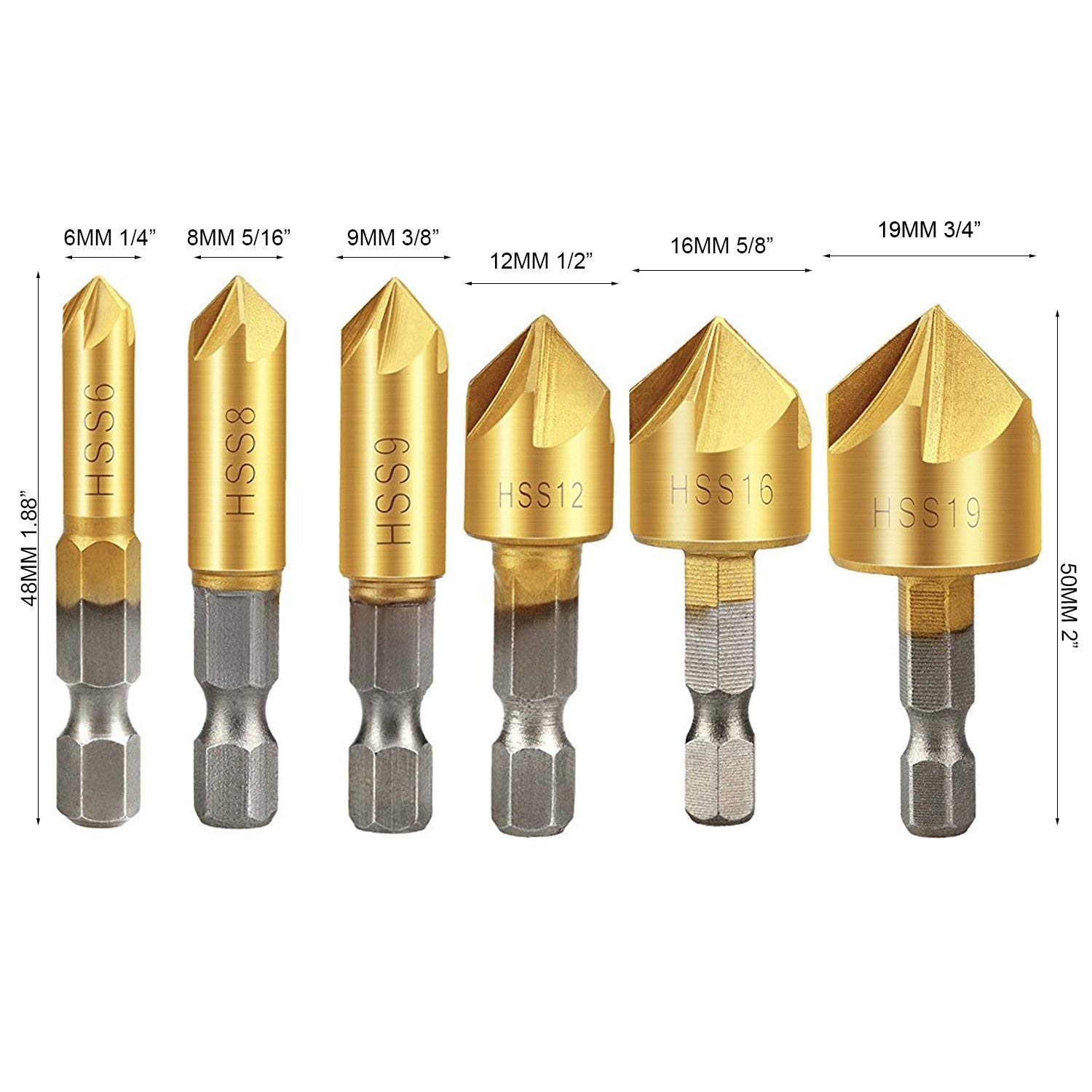 Countersink Drill Bit Set, Aplus HSS Countersink Drill Bit Set Hex Shank HSS Counterbore Reamer Countersink Chamfer Countersink Bit Set 6Pcs 5 Flute 90 ° Meter for Wood 1/4'' 6mm-19 mm