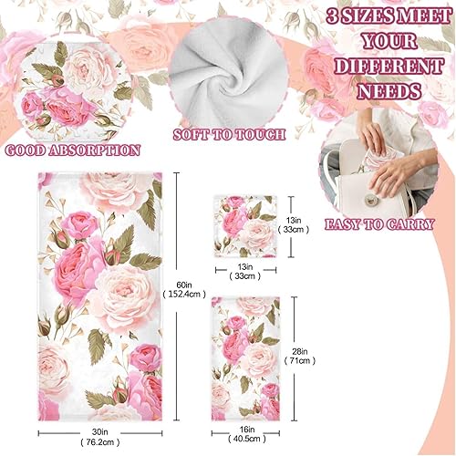 Miniatura 3 de susiyo Juego de toallas de baño de 3 piezas, suaves y altamente absorbentes, hermosas toallas de baño florales rosas rosas toallas de baño, toallas