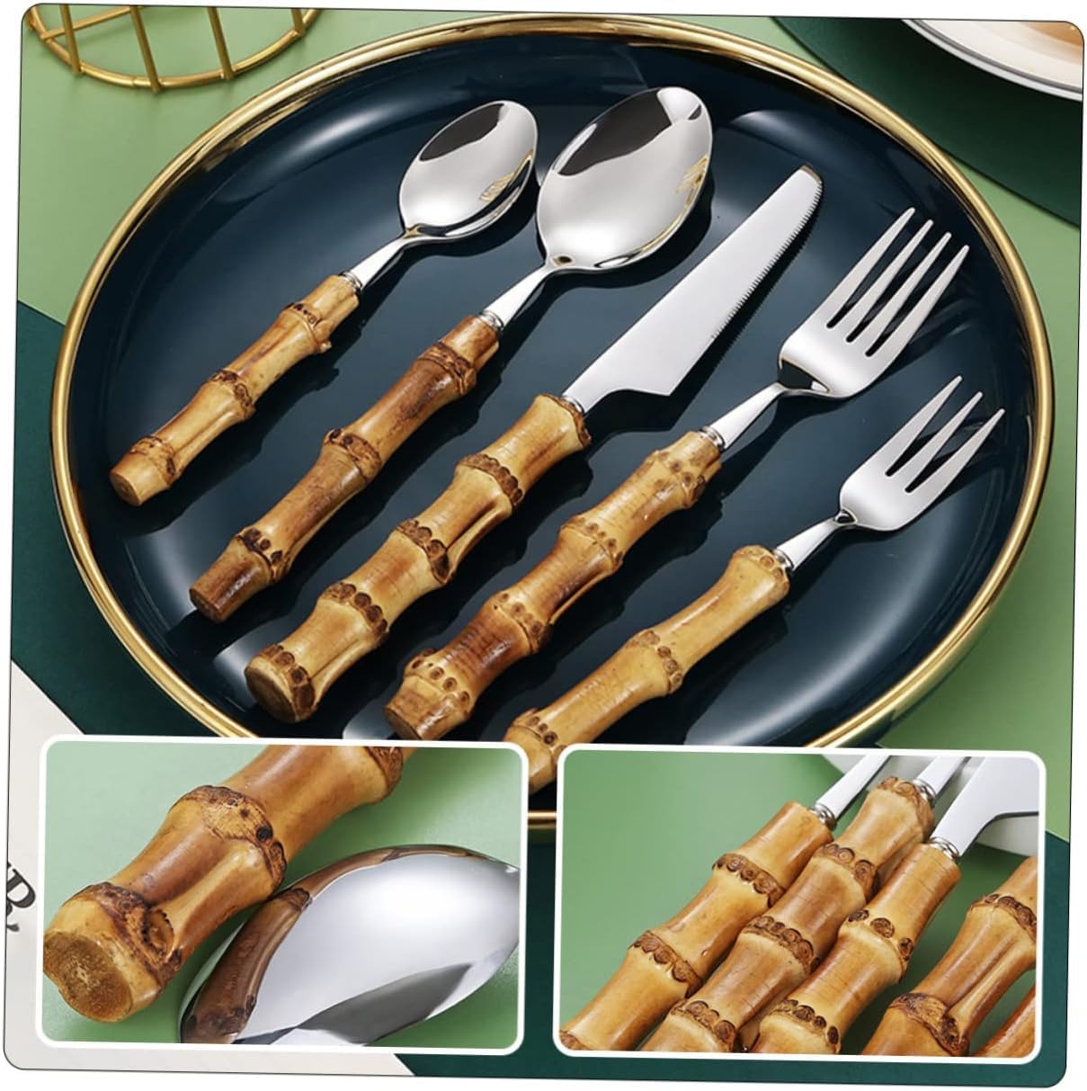 Ensemble d'argenterie 5 pièces Couteau Fourchette cuillère Ensemble de Couverts en Acier Inoxydable Miroir Poli fourchettes à dîner Manche en Bambou Ensemble de Couverts